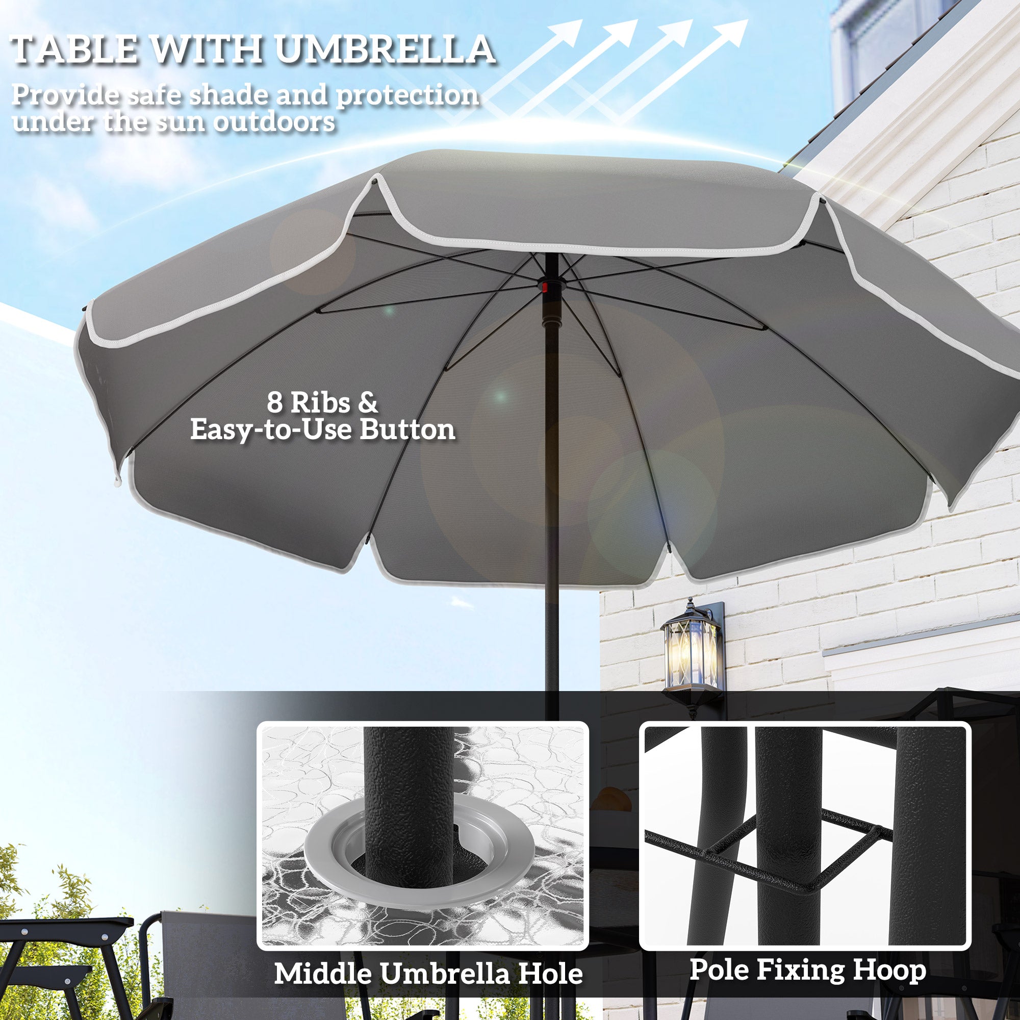 Outsunny 4 Seater Garden Furniture Set, 6 Pieces Garden Table and Chairs with Parasol, Outdoor Garden Dining Set with Folding Chairs and Round Glass Top Table for Patio, Grey
