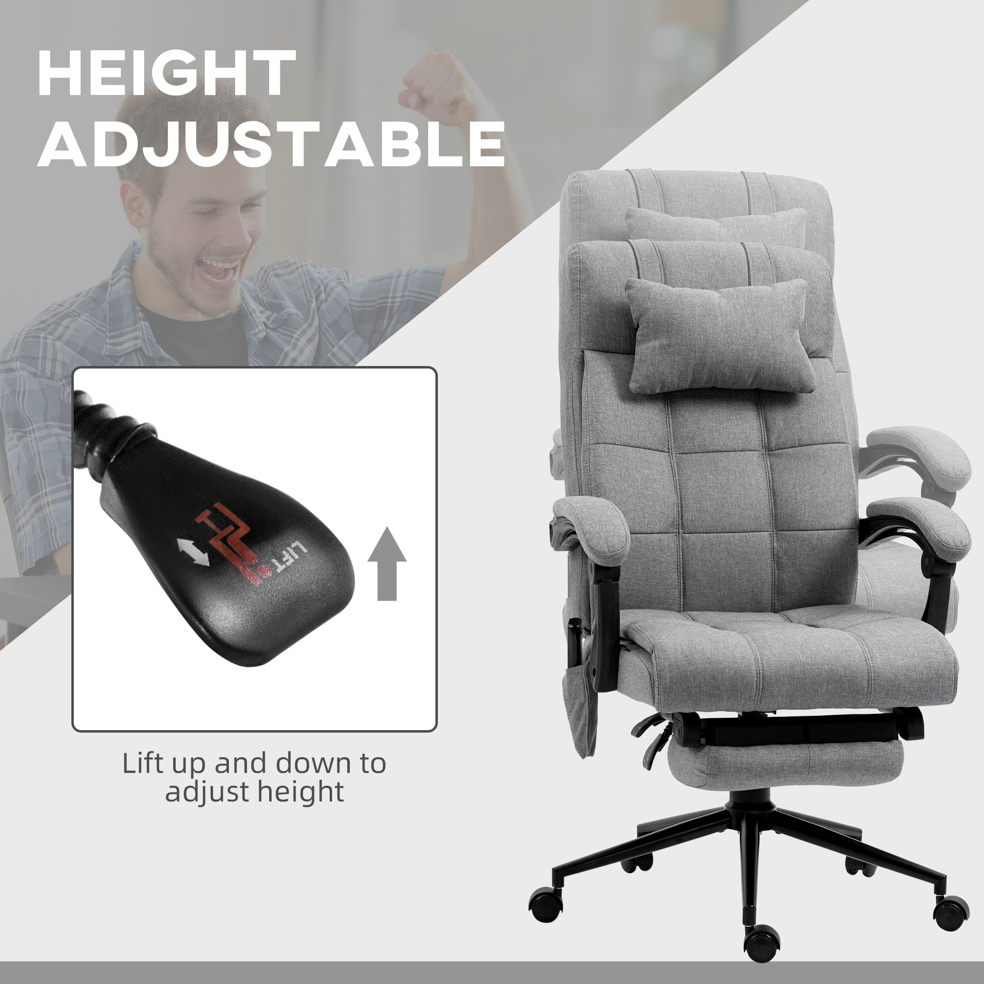 Vinsetto Office Chair, 6 Point Massage Desk Chair, Computer Chair with Footrest & Head Pillow, 360\'c2\'b0 Swivel Recliner Chair for Home Office, Grey