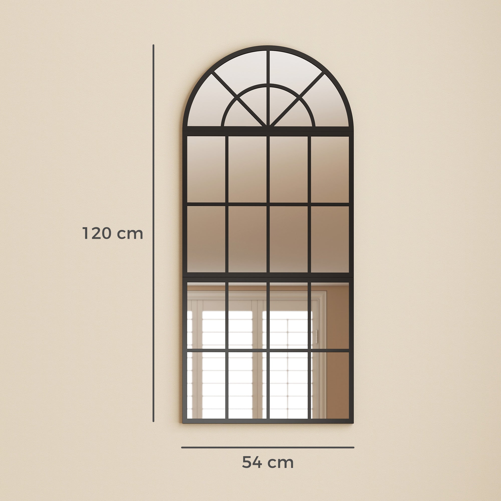 HOMCOM Large Arched Wall Mirror with Metal Grid, 3-Piece Split Window Mirrors, 120 x 54 cm, Black