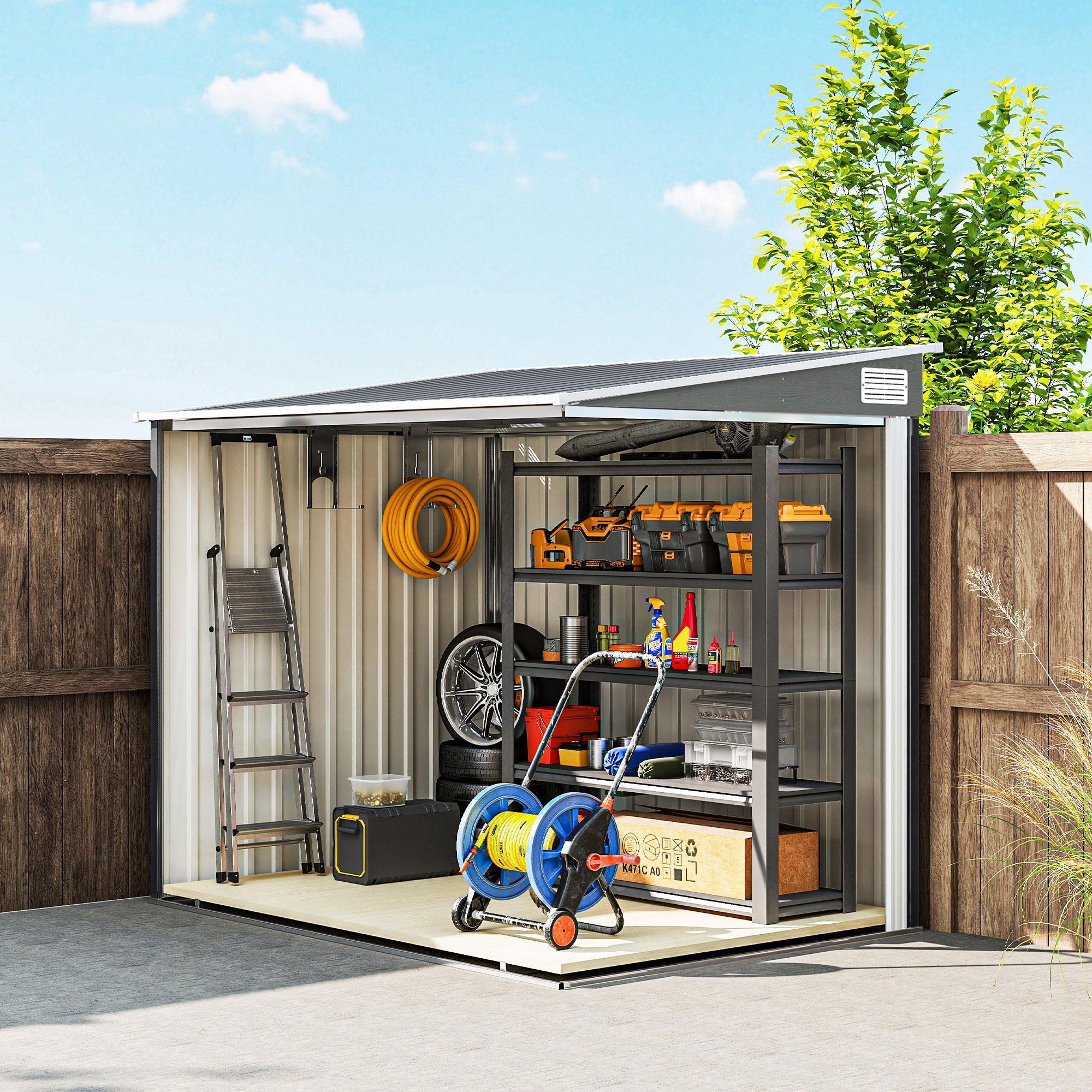 Outsunny 7 x 5ft Galvanised Metal Shed, with Sliding Door - Light Grey