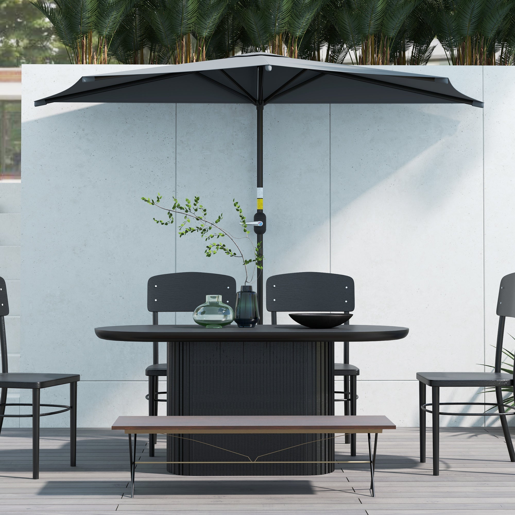 Outsunny 3(m) Half Parasol, Semi Round Umbrella with Metal Frame, Crank Handle for Balcony, Garden, Dark Grey