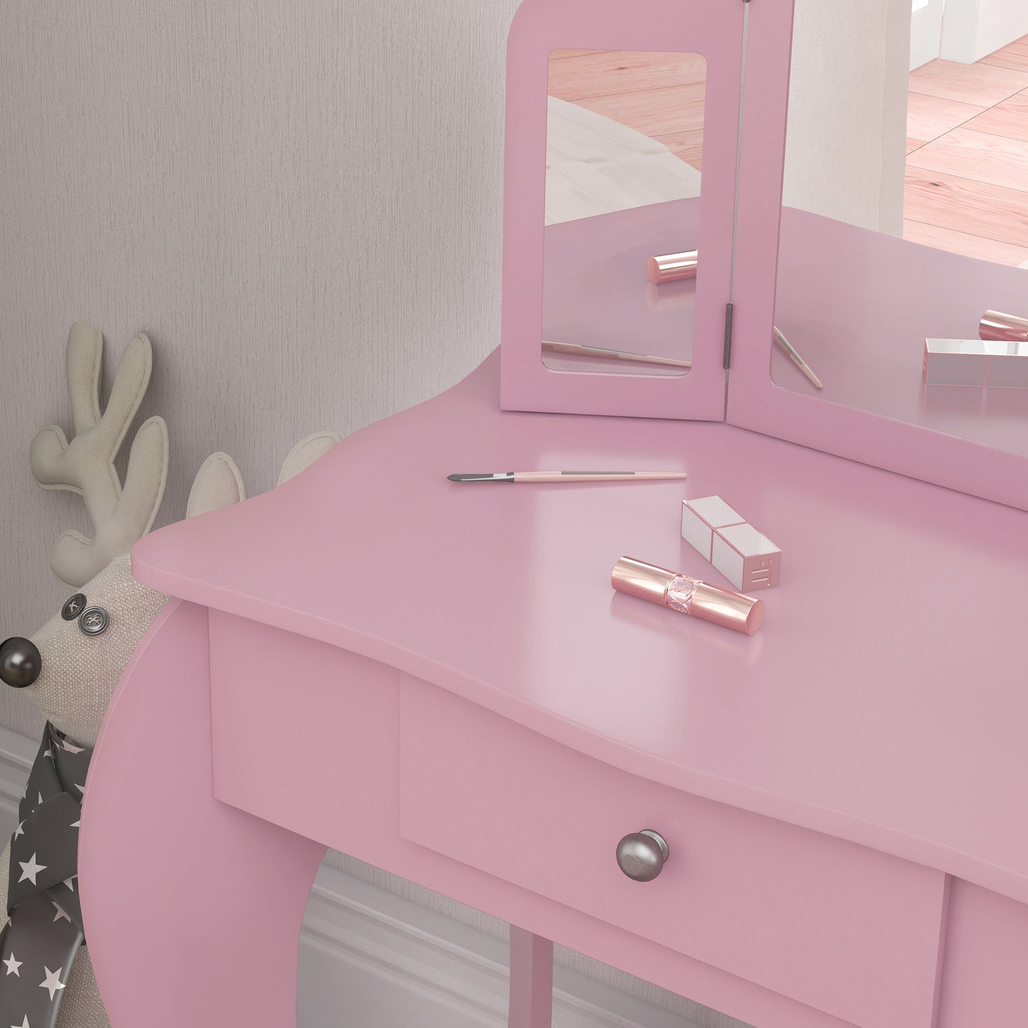 HOMCOM Kids Vanity Table and Chair Set with Tri-Folding Mirror and Stool, Makeup Dressing Table with Drawer, Pink