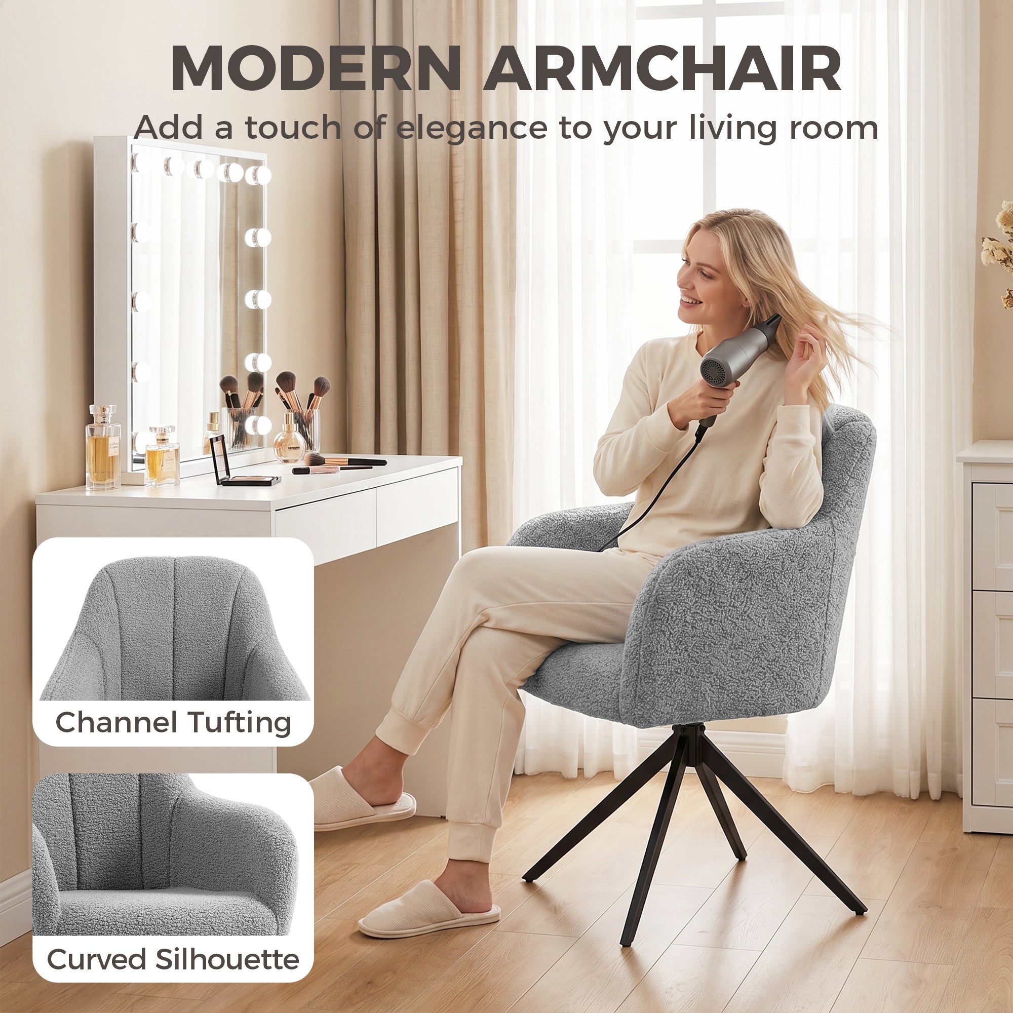 HOMCOM 360 Degree Swivel Accent Chair, Teddy Fleece Armchair, Grey