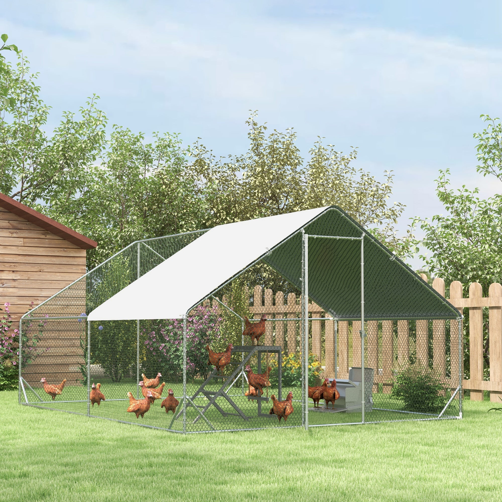 PawHut Chicken Run Galvanised Walk-in Chicken Coop Hen Poultry House Cage Rabbit Hutch Pet Playpen Garden w/ Water-Resist Cover, 3 x 4 x 2m