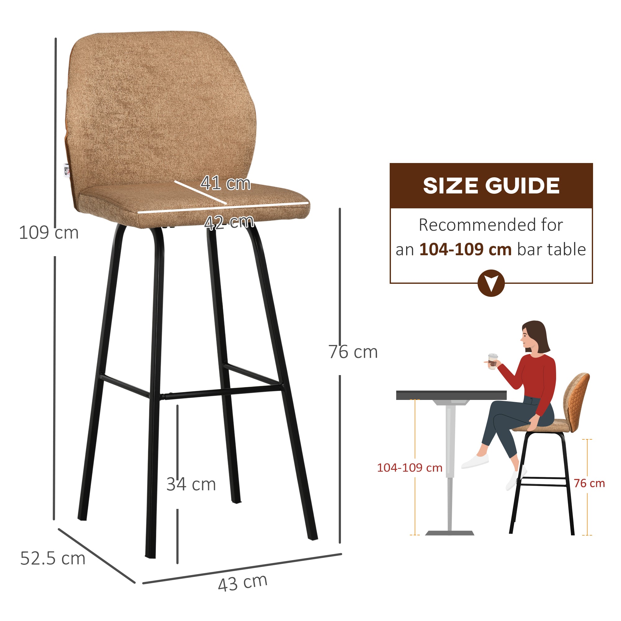 HOMCOM Bar Stools Set of 2, Linen-Touch Upholstered Bar Chairs, Kitchen Stools with Backs and Steel Legs for Dining Room, Light Brown
