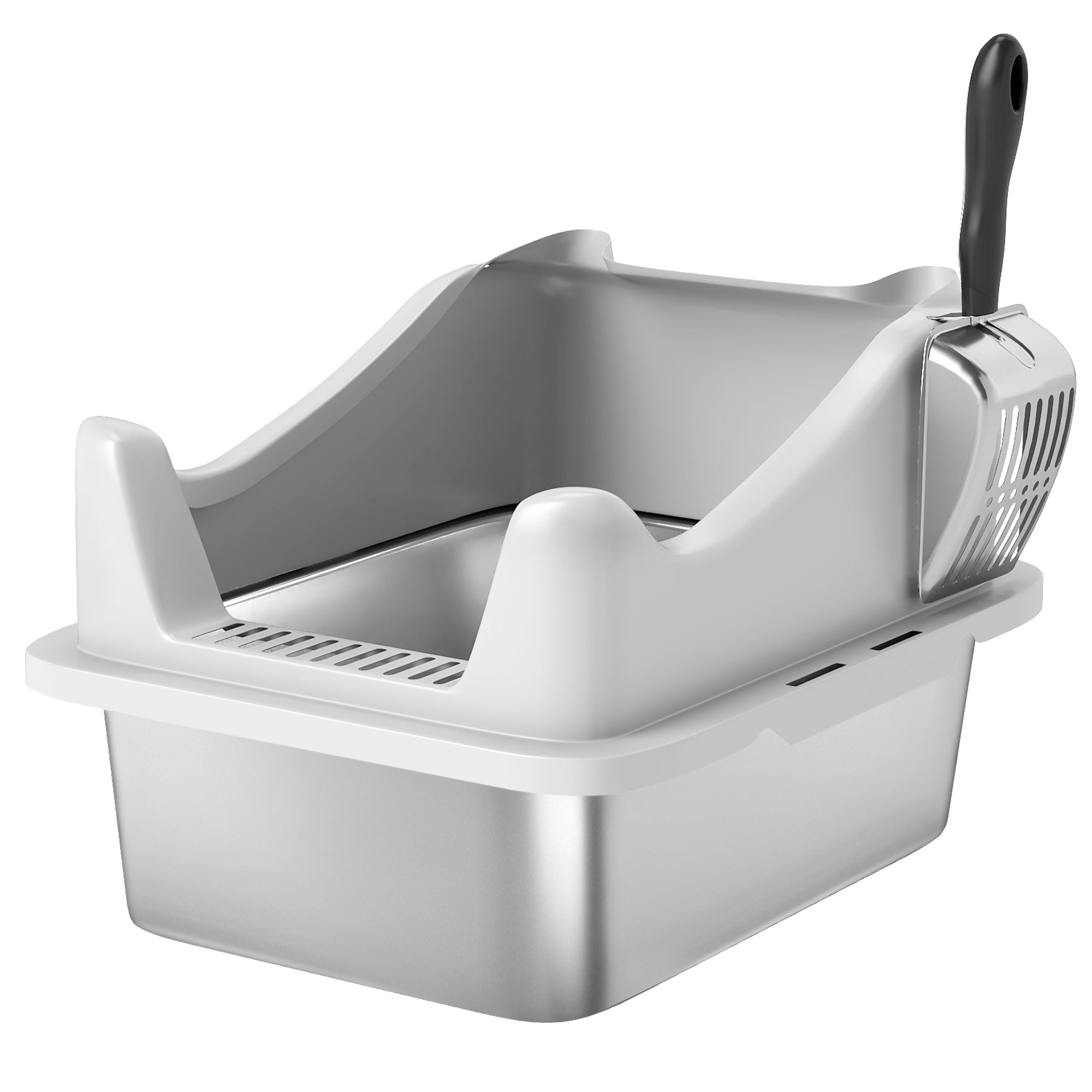 PawHut Stainless Steel Cat Litter Box with High Sides, Scoop, 43 x 33 x 25 cm