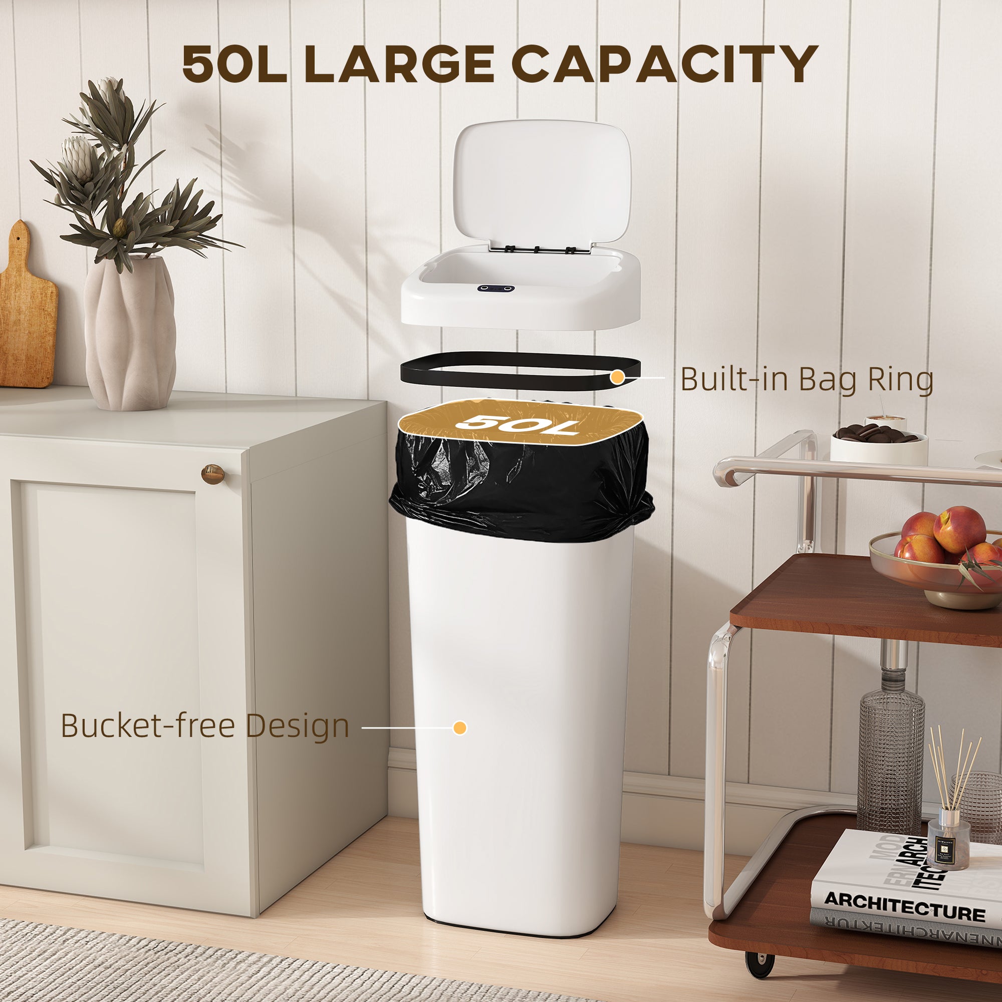 HOMCOM 50L Stainless Steel Sensor Bin - White