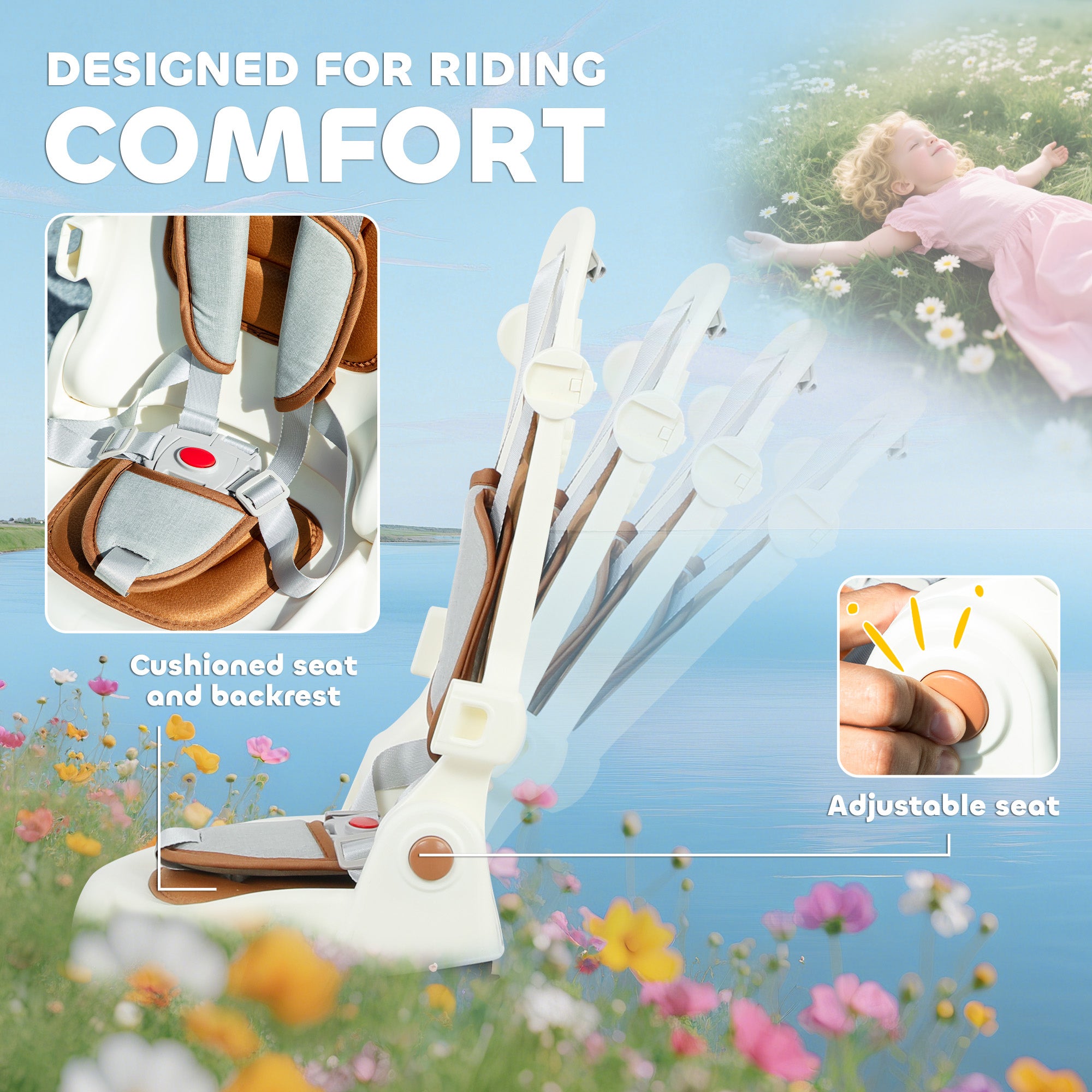 AIYAPLAY 5 in 1 Kids Trike with Adjustable Backrest, Toddler Tricycle with Push Handlebar, Adjustable Backrest, Cream White