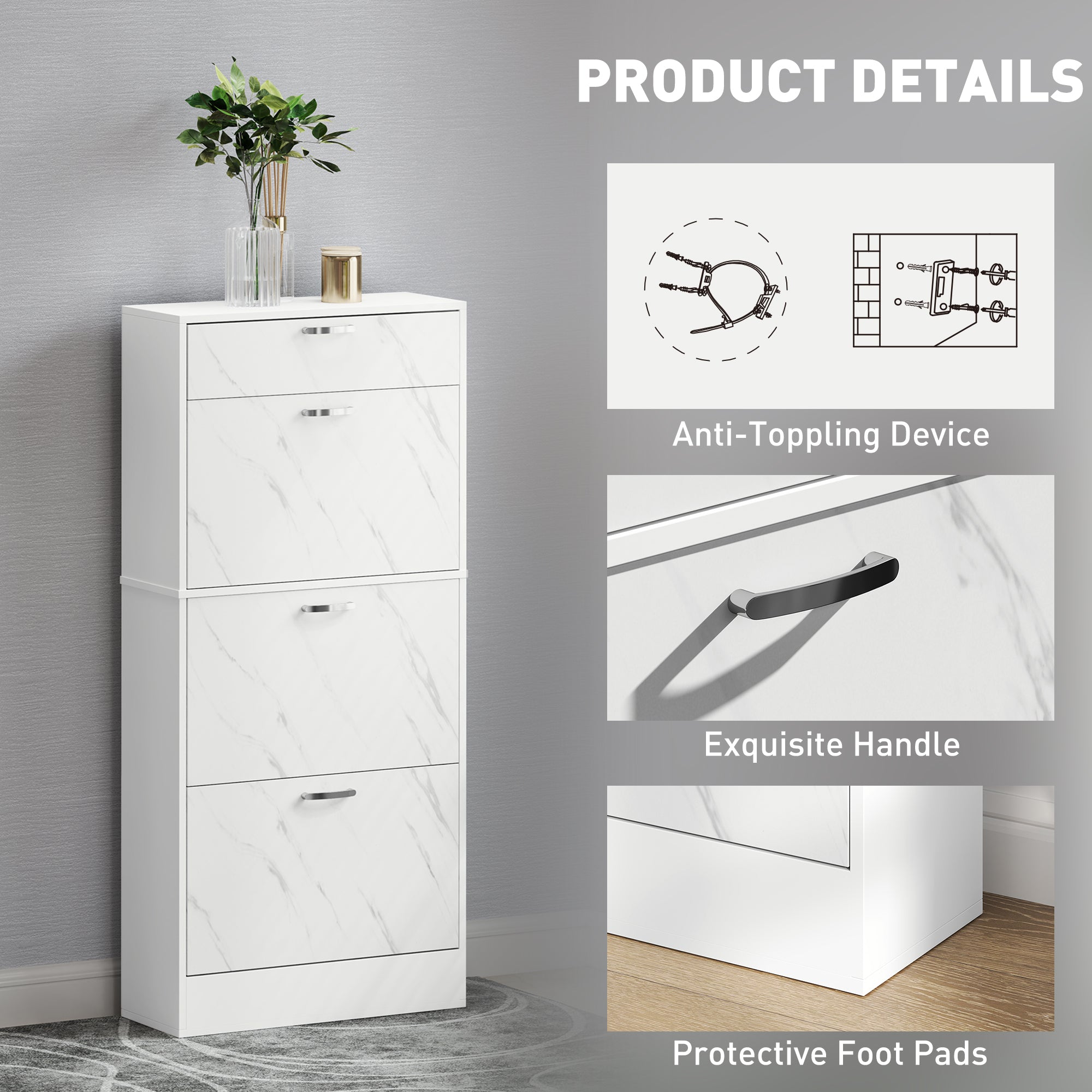 HOMCOM Marble Shoe Storage Cabinet with 3 Flip Drawers, Hallway Cabinet with Top Drawer and Adjustable Shelves, Shoe Cupboard for 18 Pairs, White
