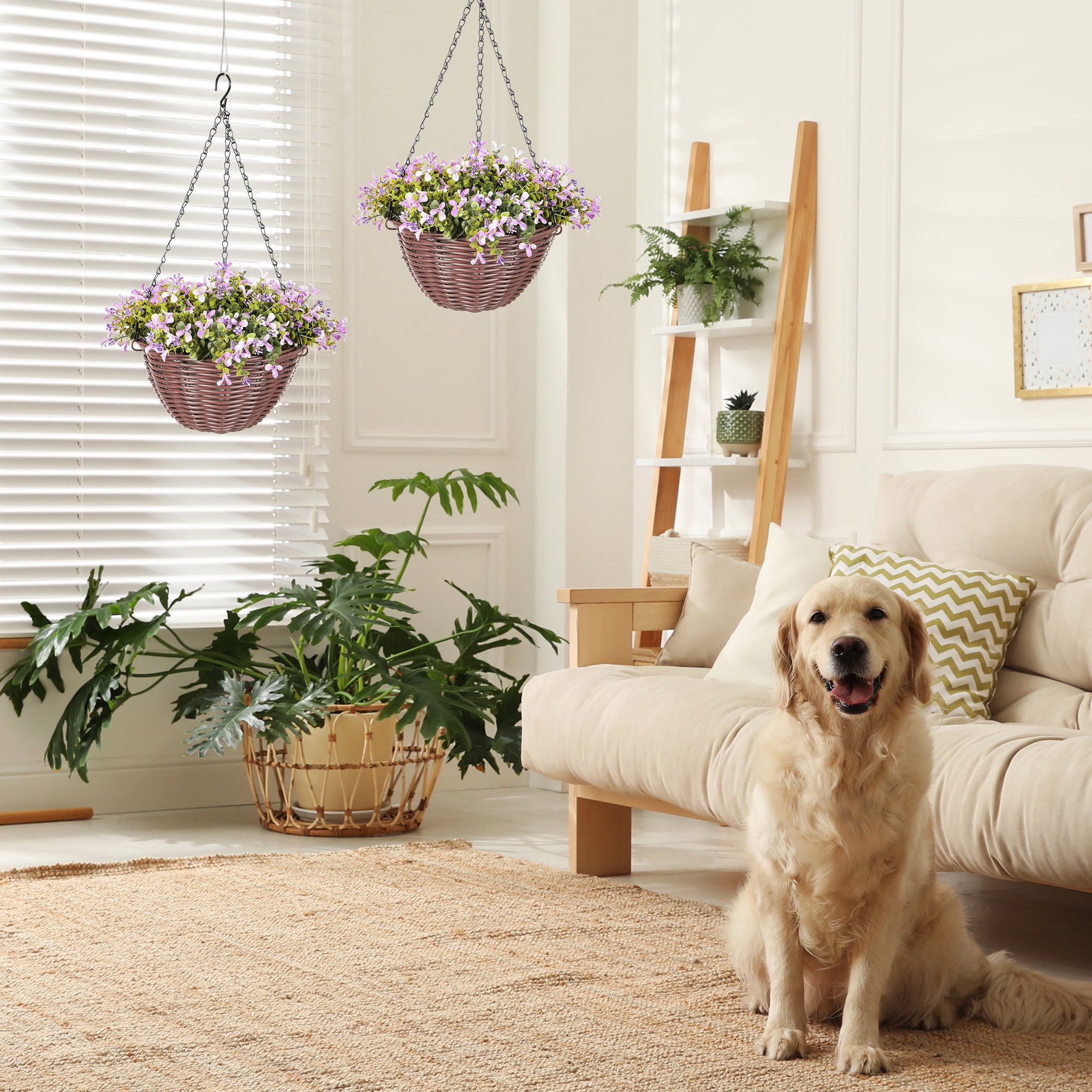 HOMCOM Artificial Flowers in Basket Set of 2, Artificial Hanging Baskets with 75 Leaves and 15 Flowers in Pot, Decorative Plant for Home Office Decor, Purple