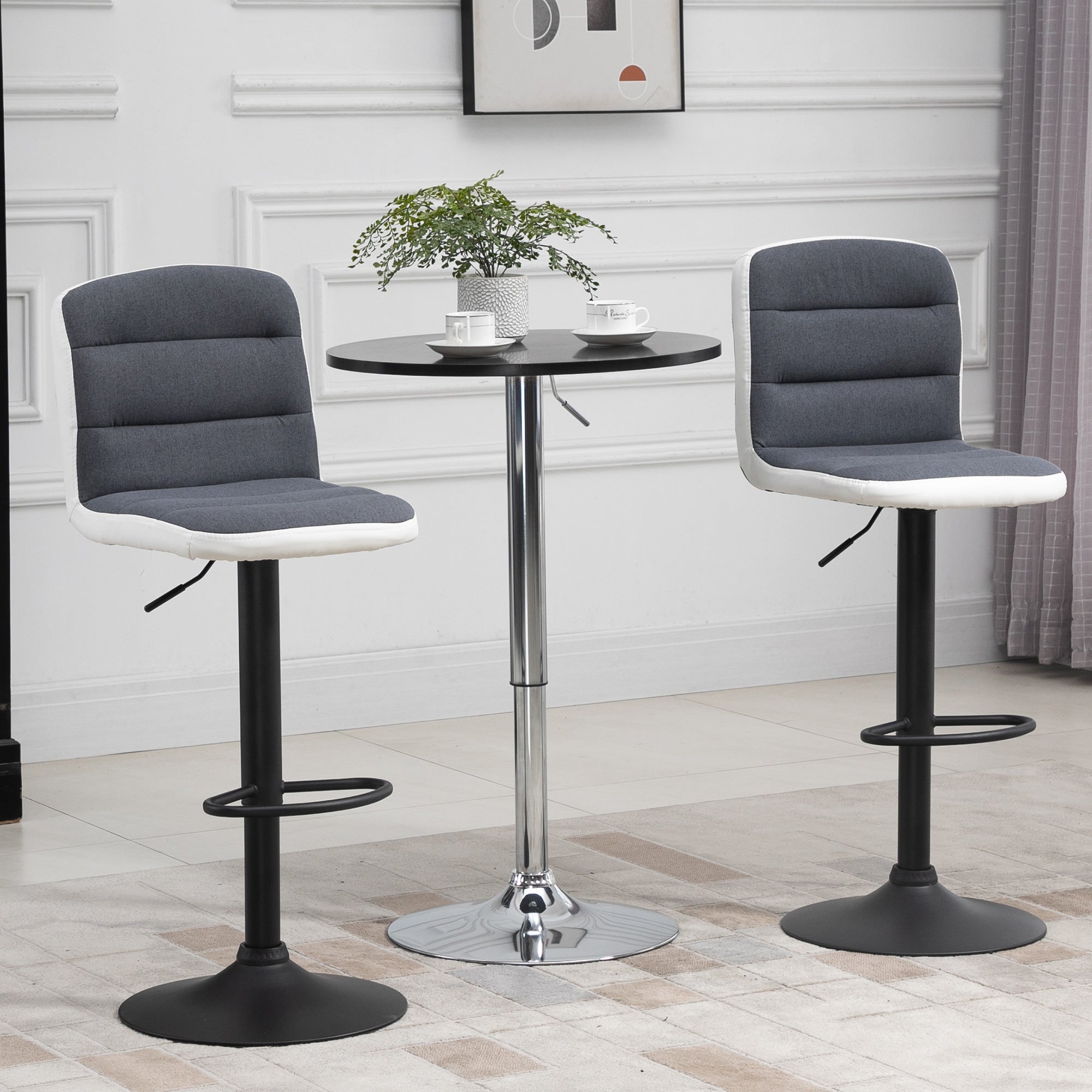 HOMCOM Bar Stools Set of 2, Height Adjustable Bar Chairs in Fabric and Faux Leather, 360° Swivel Kitchen Stool with Backrest and Footrest, Dark Grey