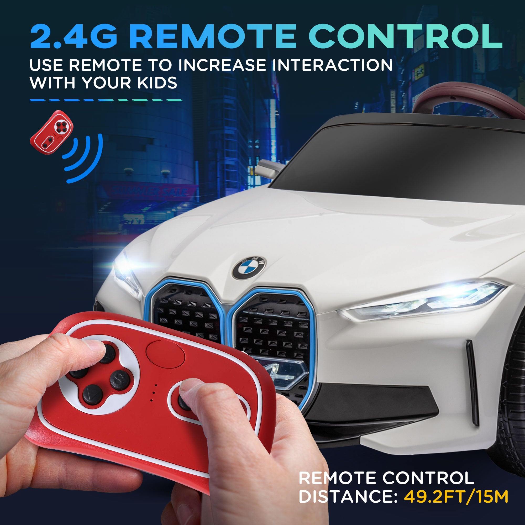 HOMCOM BMW i4 Licensed 12V Kids Electric Ride-On Car, White, red and light blue