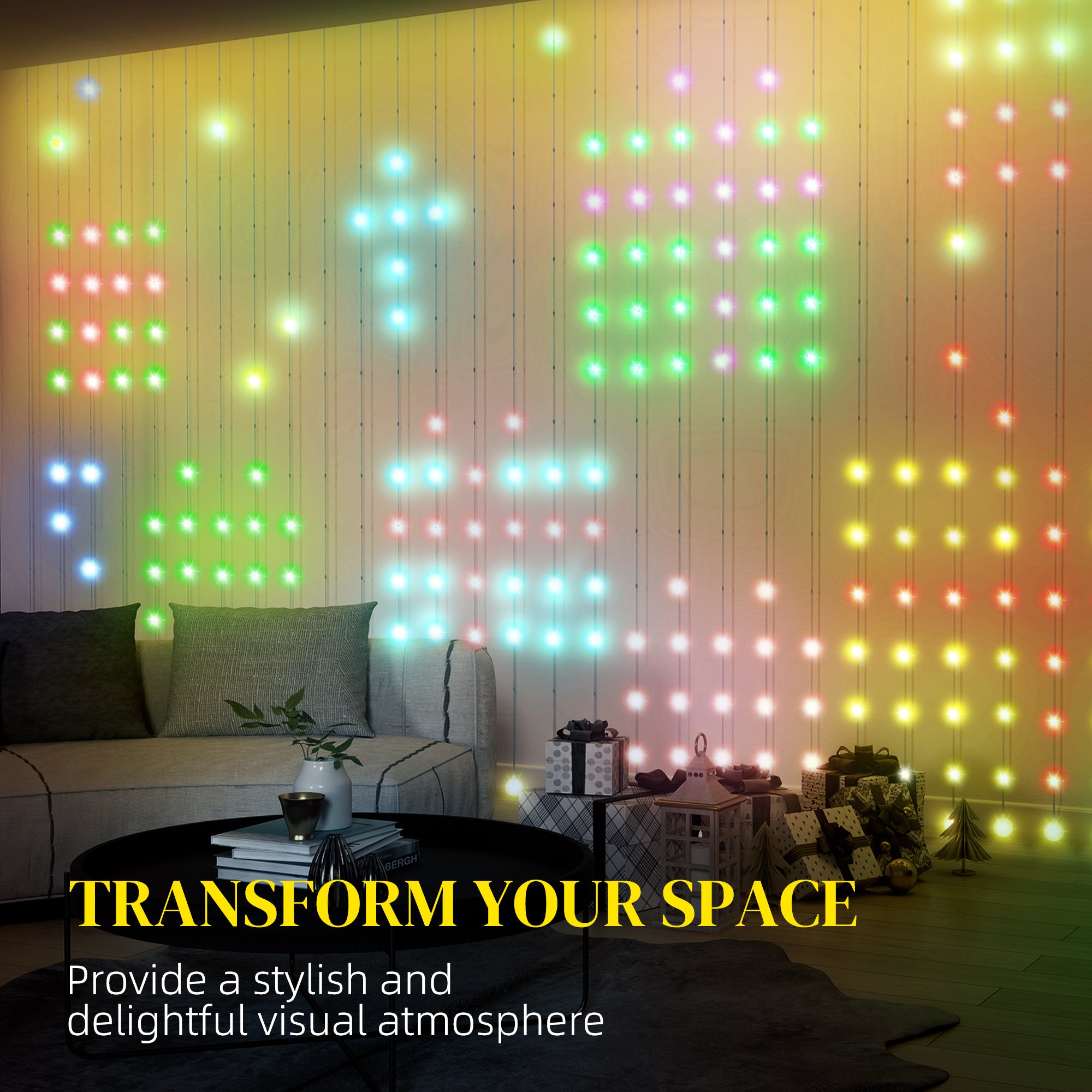 HOMCOM LED Curtain Lights, Smart Curtain Fairy Lights Plug In, Colour Changing Wall Lights with Remote, App, Dynamic DIY Hanging Window String Lights for Bedroom Living Room, 3x3(m), 400 RGBIC LED