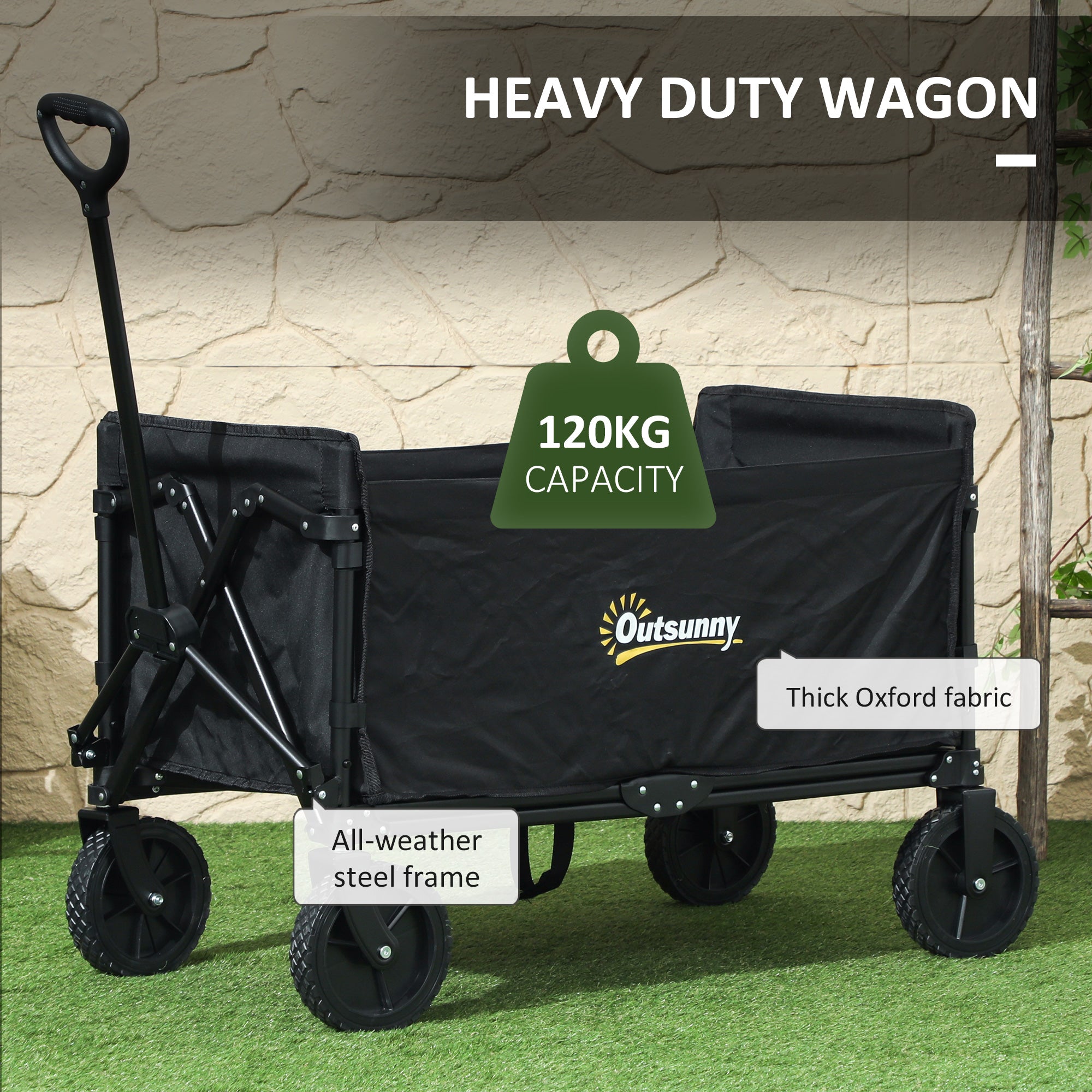 Outsunny 120L Folding Garden Trolley Cart, Outdoor Collapsible Wagon with Wheels and Adjustable Handle for Beach, Camping, Festival, Black
