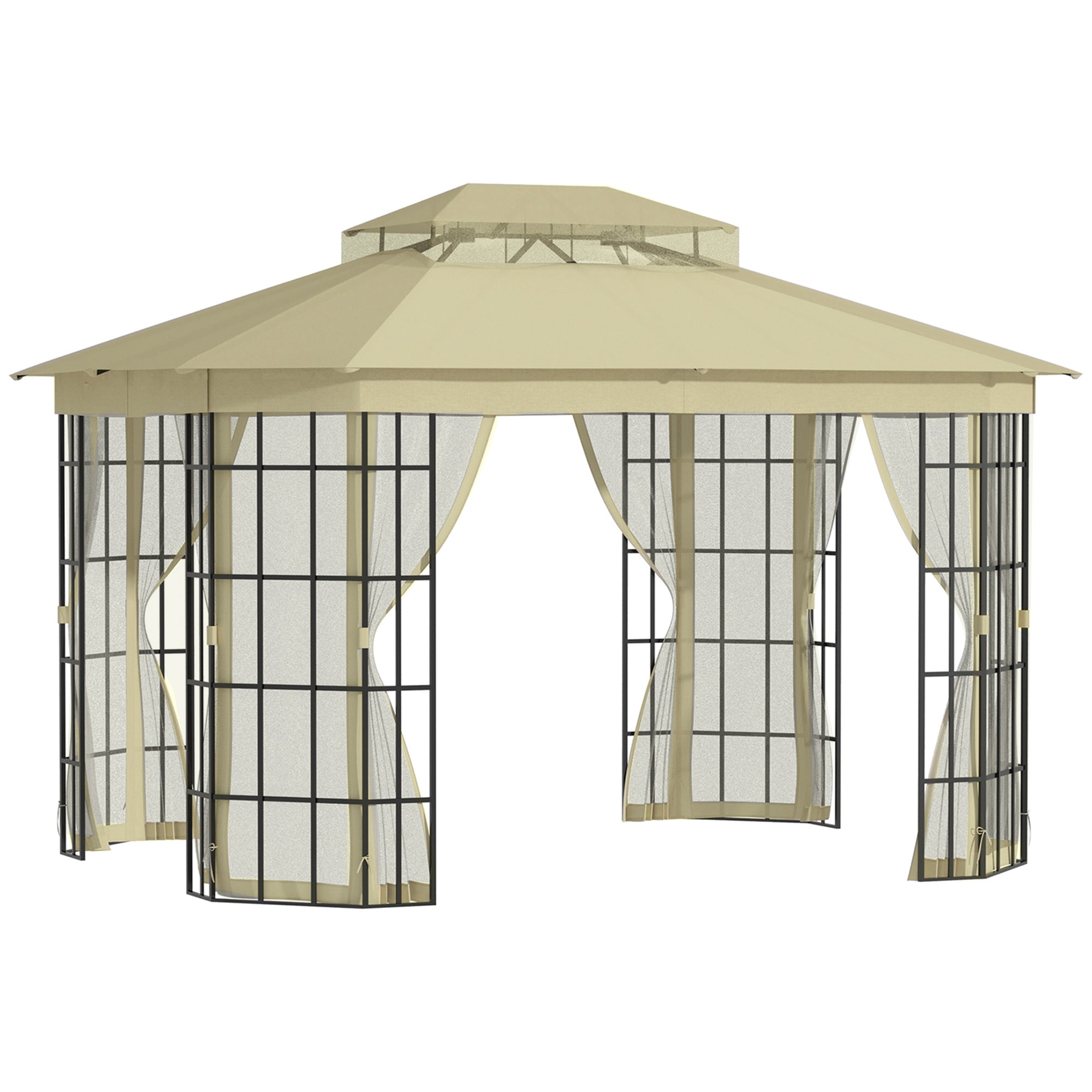 Outsunny 3.7 x 3(m) Patio Gazebo Canopy Garden Tent Shelter with 2 Tiers Roof and Mosquito Netting, Metal Frame, Beige