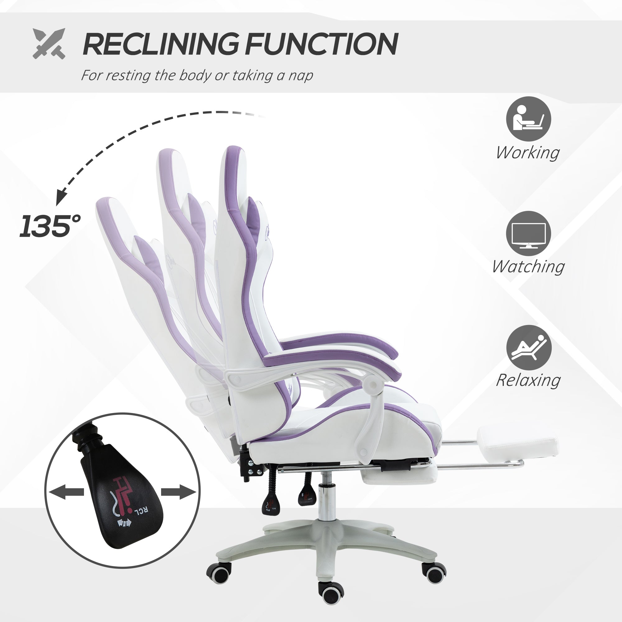 Vinsetto Computer Gaming Chair, PU Leather Desk Chair with Footrest, Swivel Task Chair with 135\'c2\'b0 Reclining Back and Lumbar Support, PC Chair for Adults, White and Purple
