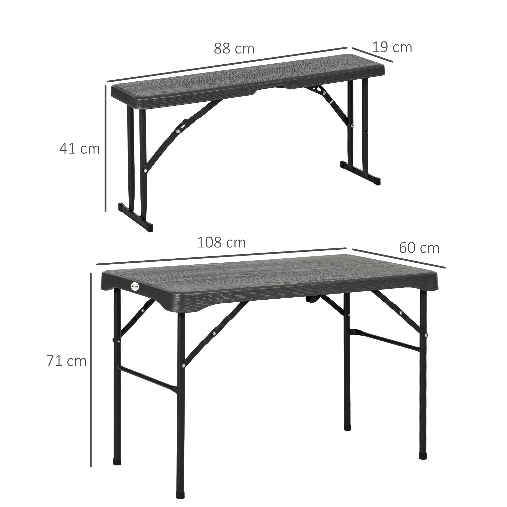 Outsunny Folding Picnic Table with 2 Benches, 3-Piece Portable Garden Furniture Set for 4, Dining Table Set with Plastic Top, Steel Frame, Dark Grey