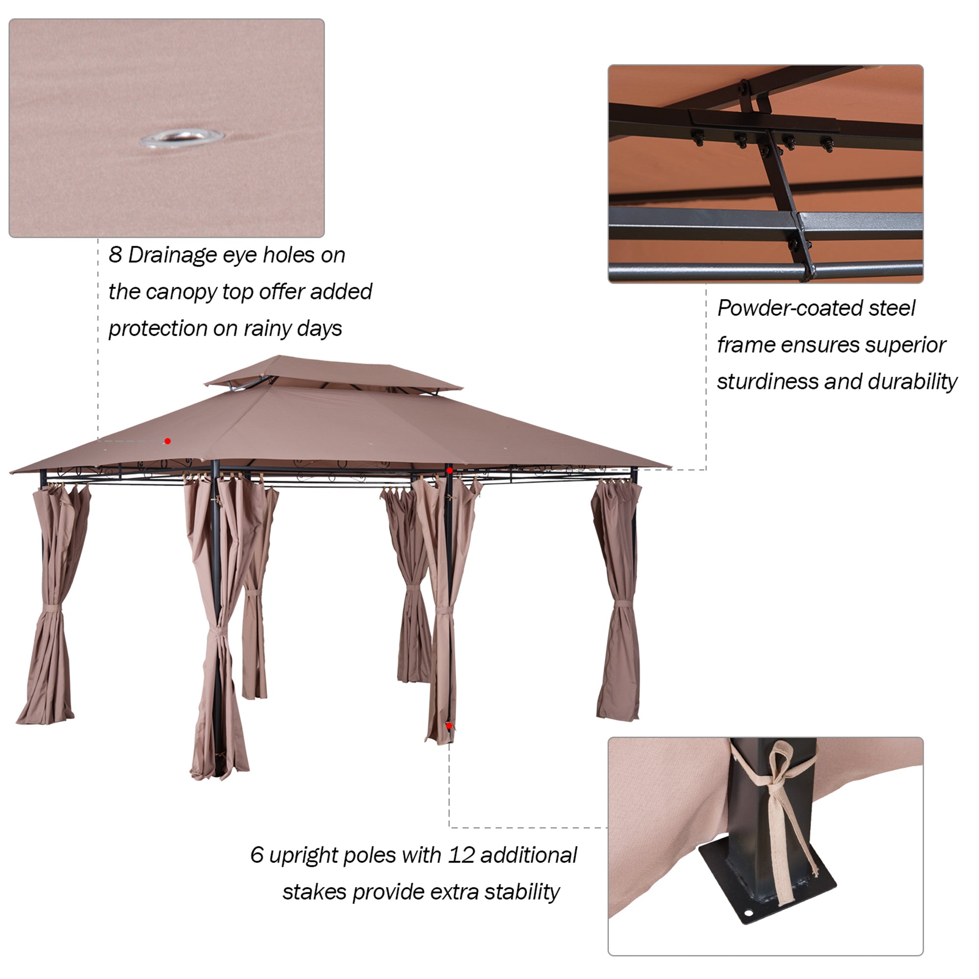 Outsunny 4m x 3(m)Garden Gazebo, Double Roof Outdoor Gazebo Canopy Shelter with Curtains, Solid Steel Frame for Patio, Garden, Brown