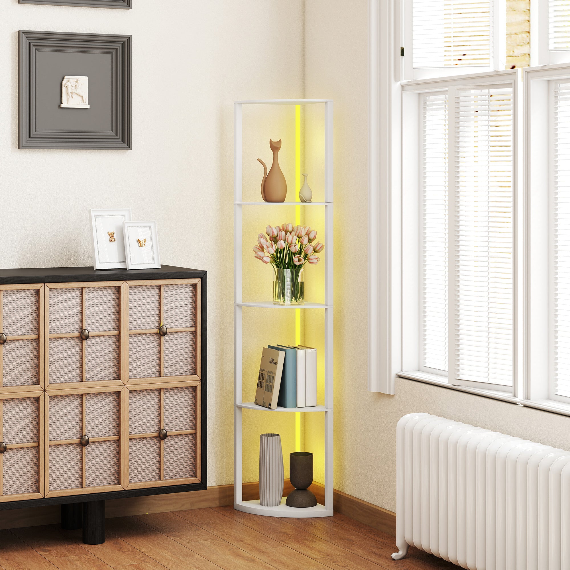 HOMCOM RGB LED Floor Lamp with Shelves, 5-Tier Dimmable Standing Lamp with Adjustable Brightness and Remote Control, Modern Corner Display Shelf Unit for Living Room Bedroom Office, White