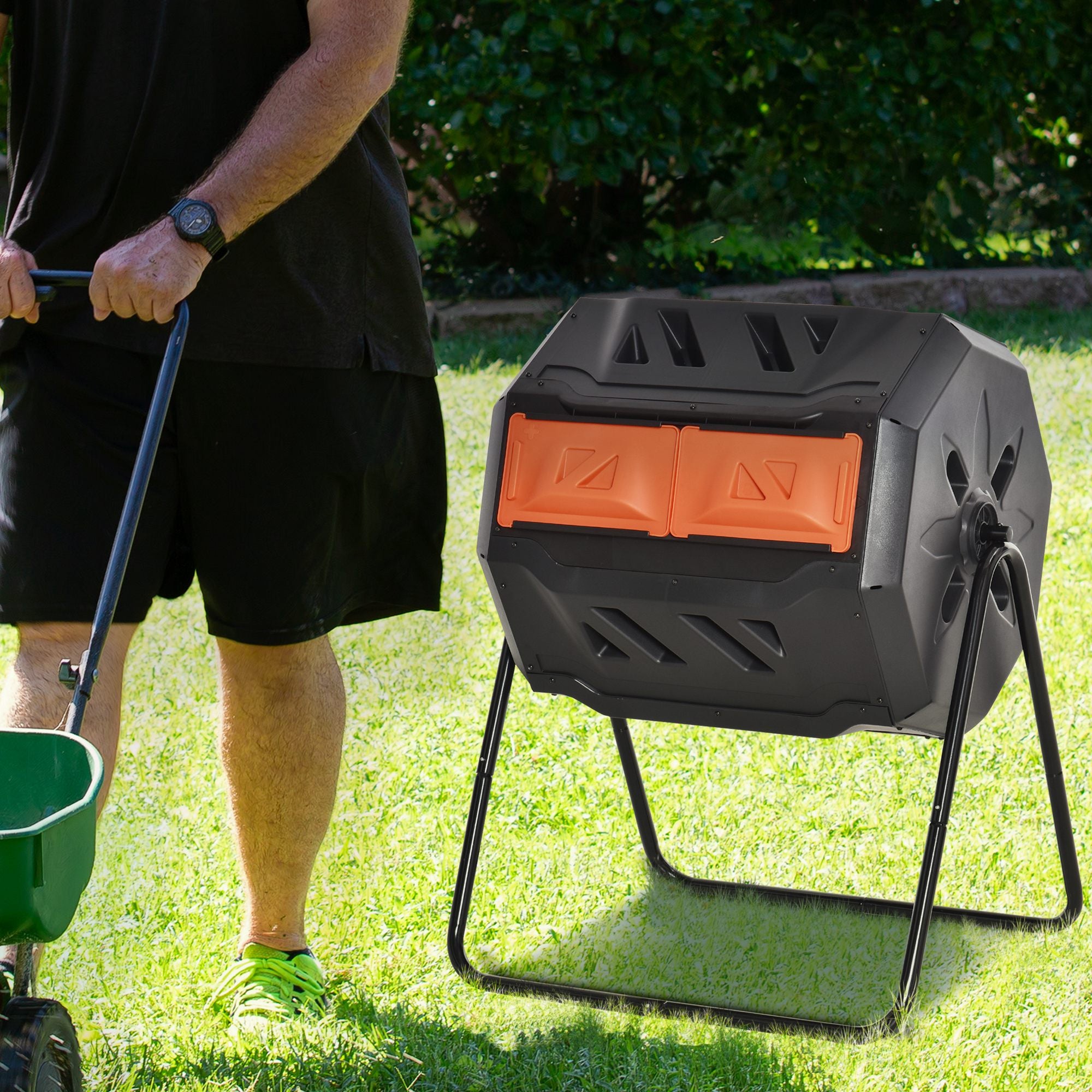 Outsunny 160L 360\'c2\'b0 Rotating Dual Chamber Composter - Orange