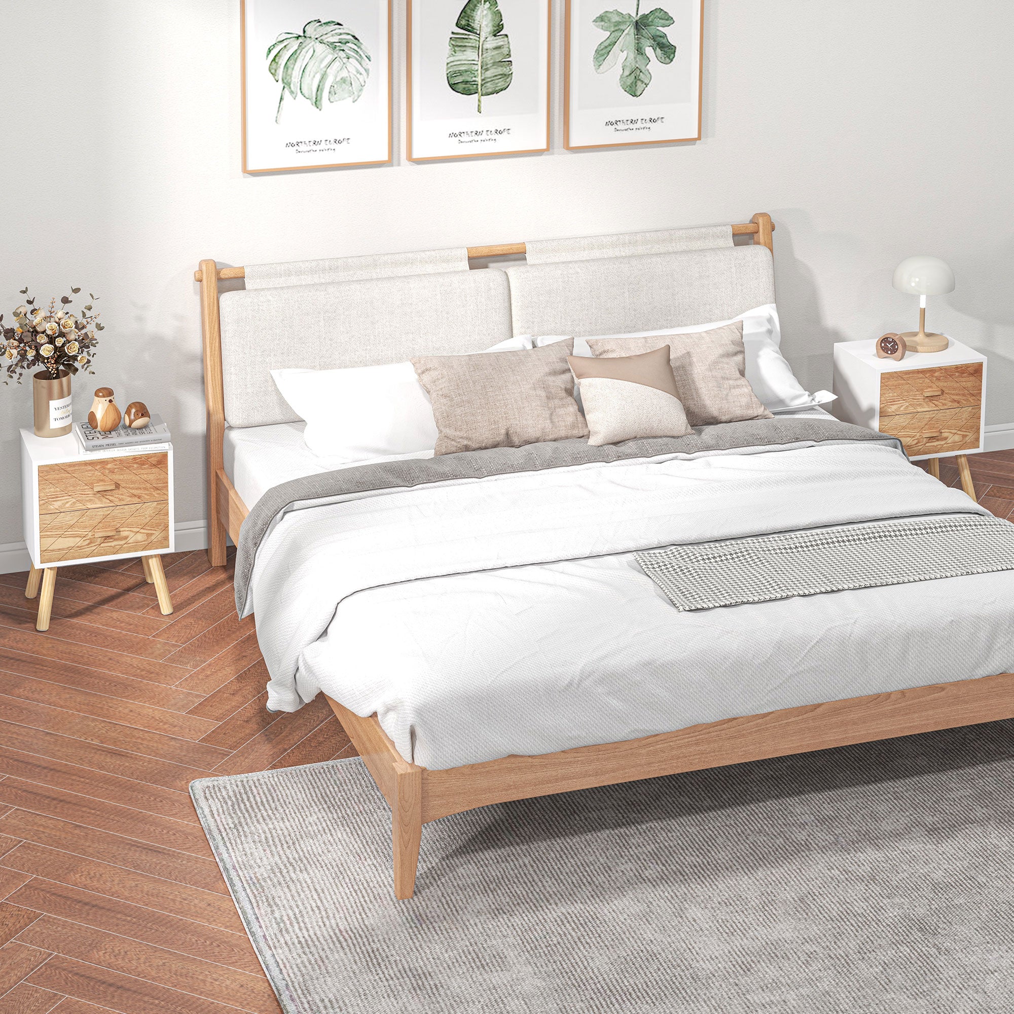 HOMCOM Bedside Table Set of 2, Modern Bedside Cabinets with Drawer and Pine Wood Legs, Nightstand for Bedroom, White and Natural