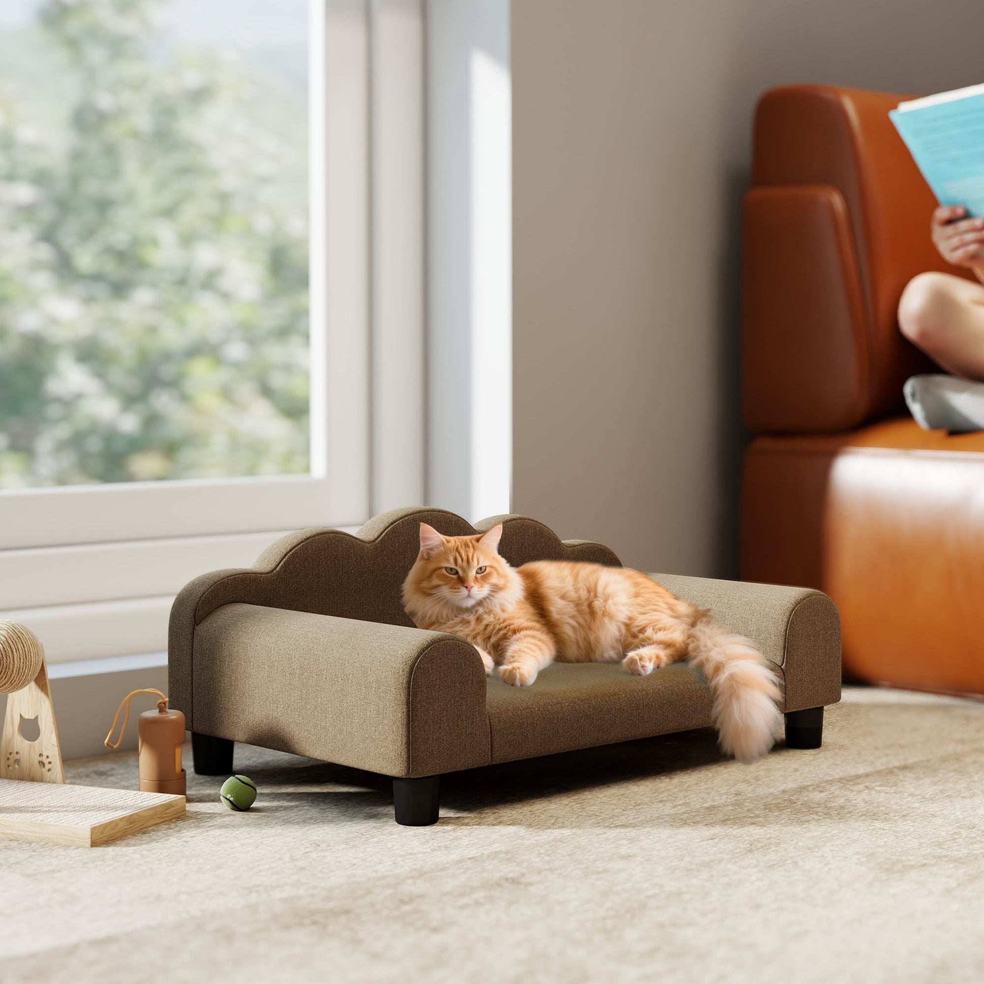 PawHut Elevated Dog Sofa Bed, Breathable Pet Sofa with Backrest and Armrest for Small Dogs, Brown