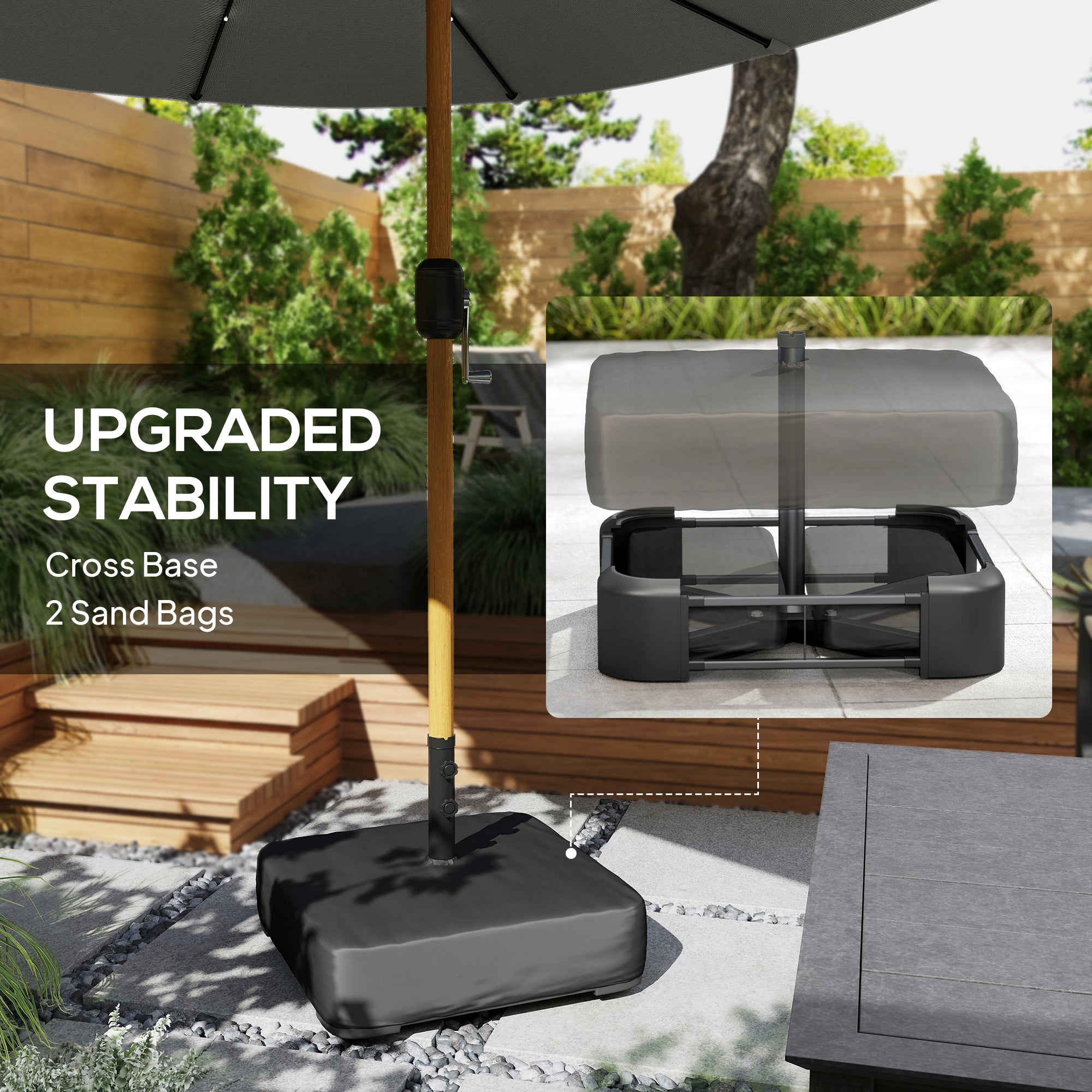 Outsunny Double Sided Garden Parasol with Base Included & 48 Solar LED Lights Patio Umbrella Crank Handle 4.6m Light Grey