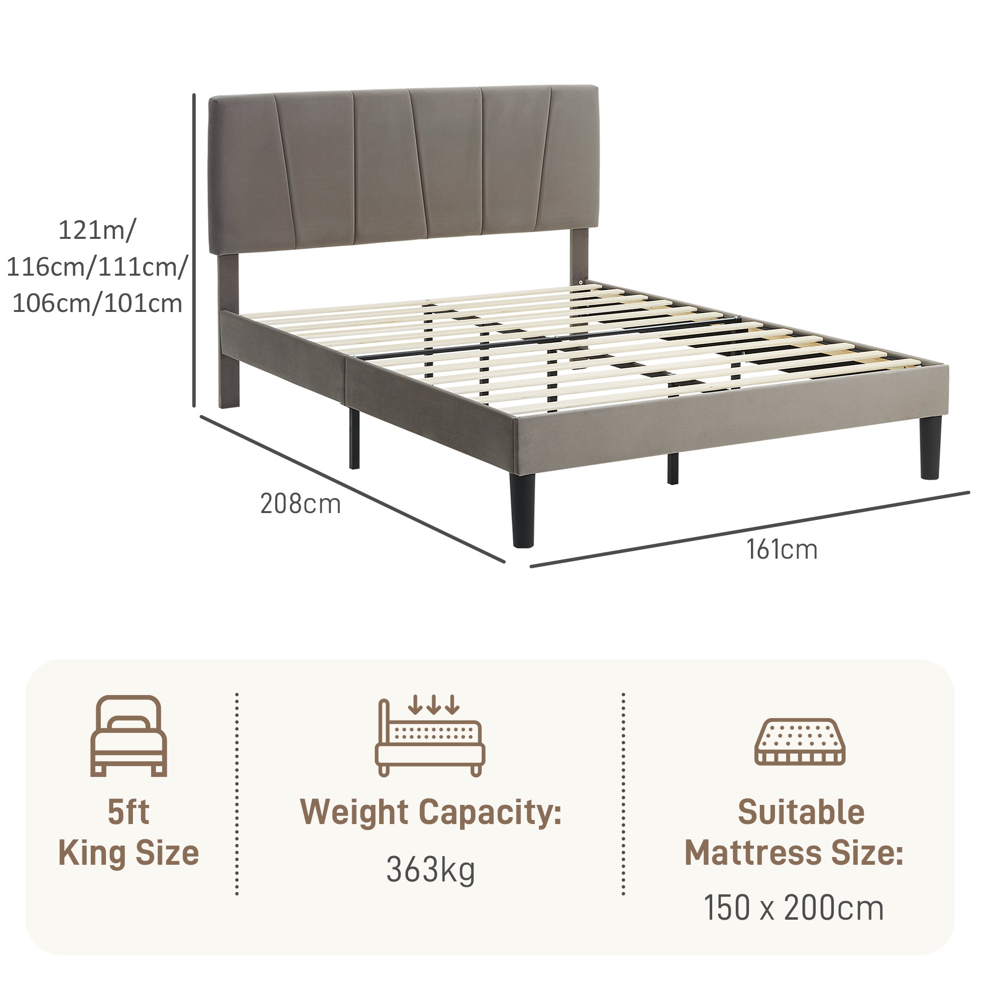 HOMCOM King Velvet-Feel Headboard Bed Frame - Grey