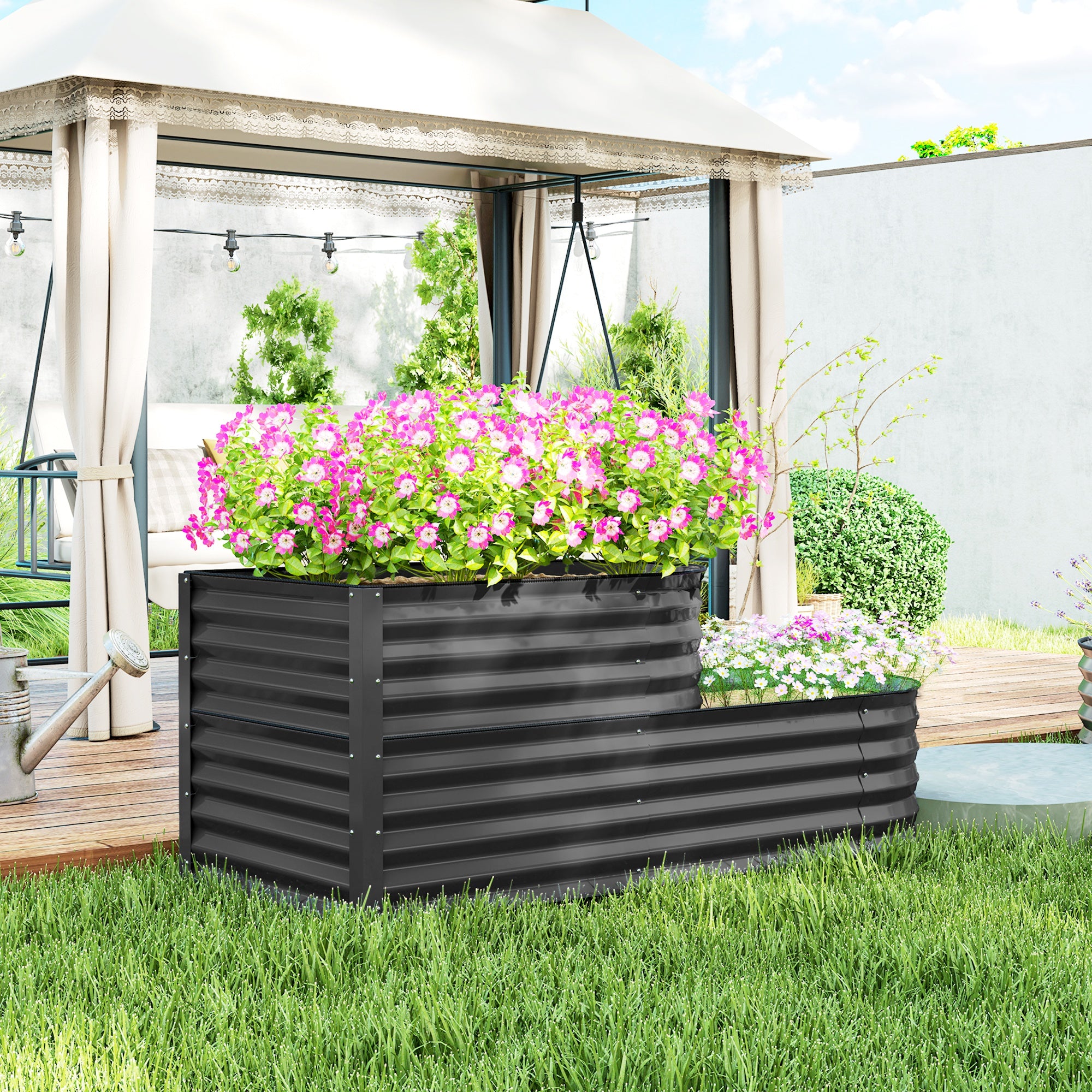 Outsunny Two-Tier Galvanised Steel Garden Planter - Dark Grey