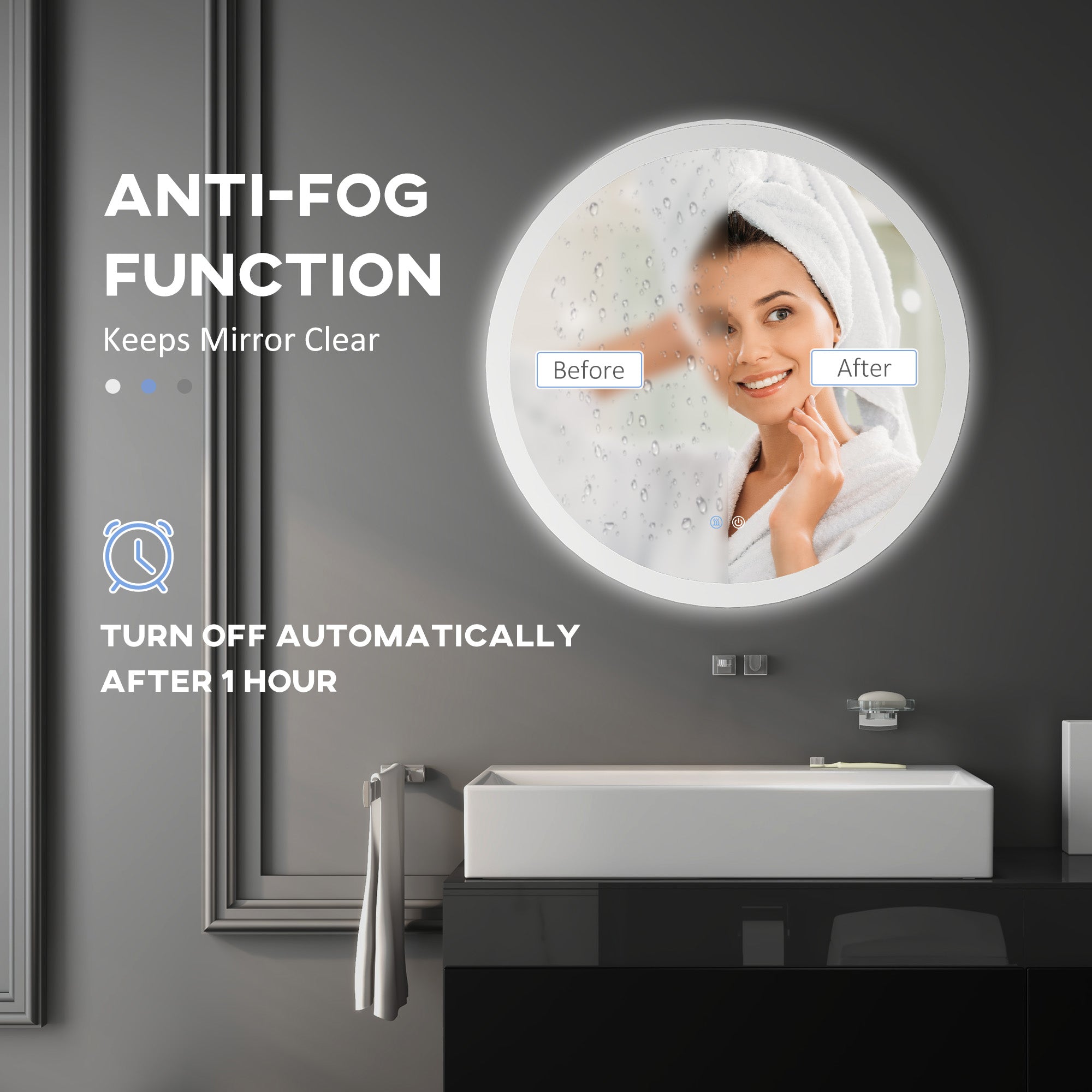 kleankin Round Bathroom Mirror with LED Lights, Wall-Mounted Dimmable Makeup Mirror with 3 Temperature Colours, Defogging Film, Memory Function, Hardwired, 60 x 60\'c2\'a0cm