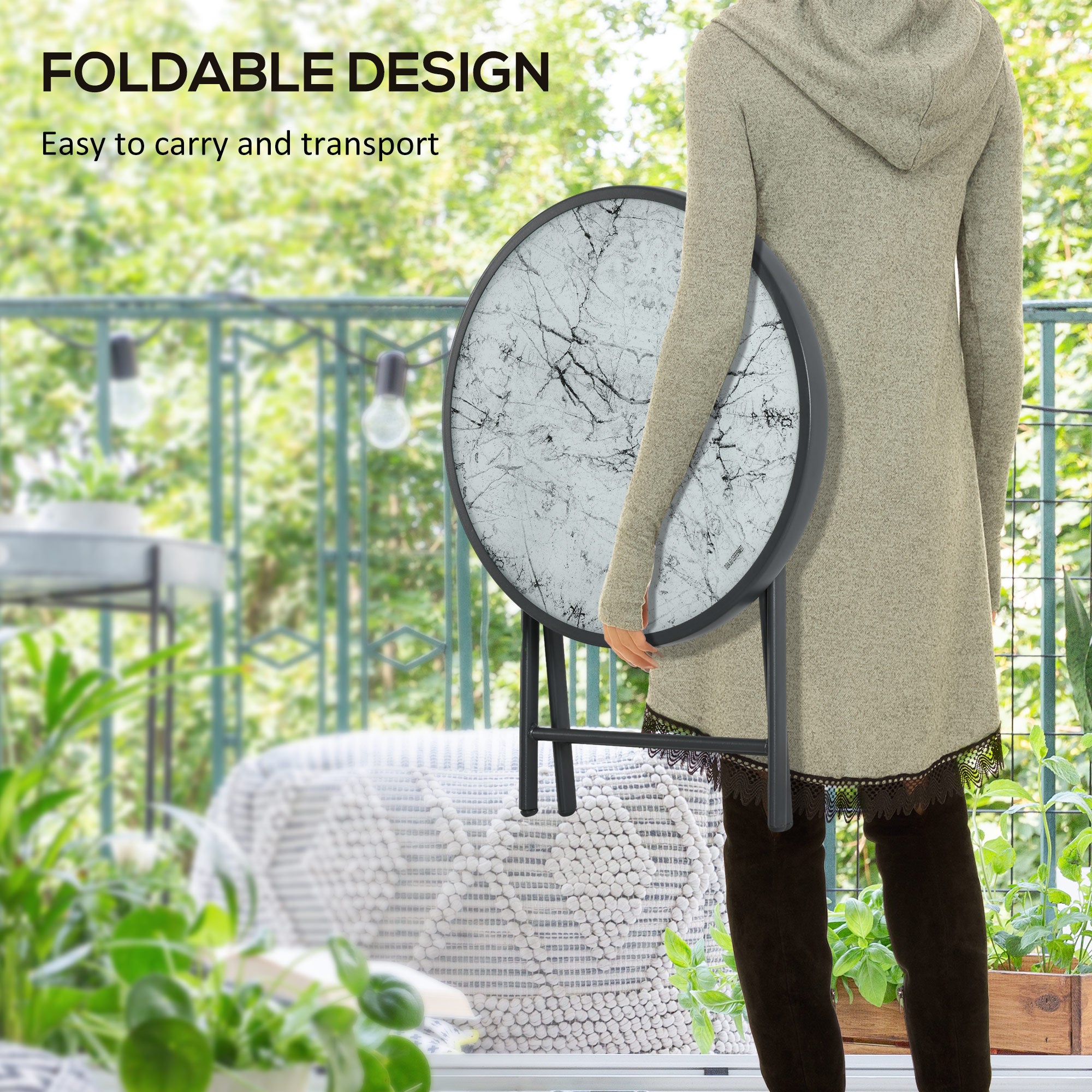 Outsunny \'ce\'a645cm Garden Side Table, Outdoor Round Folding Patio Table with Imitation Marble Glass Top, Small Coffee Table, White