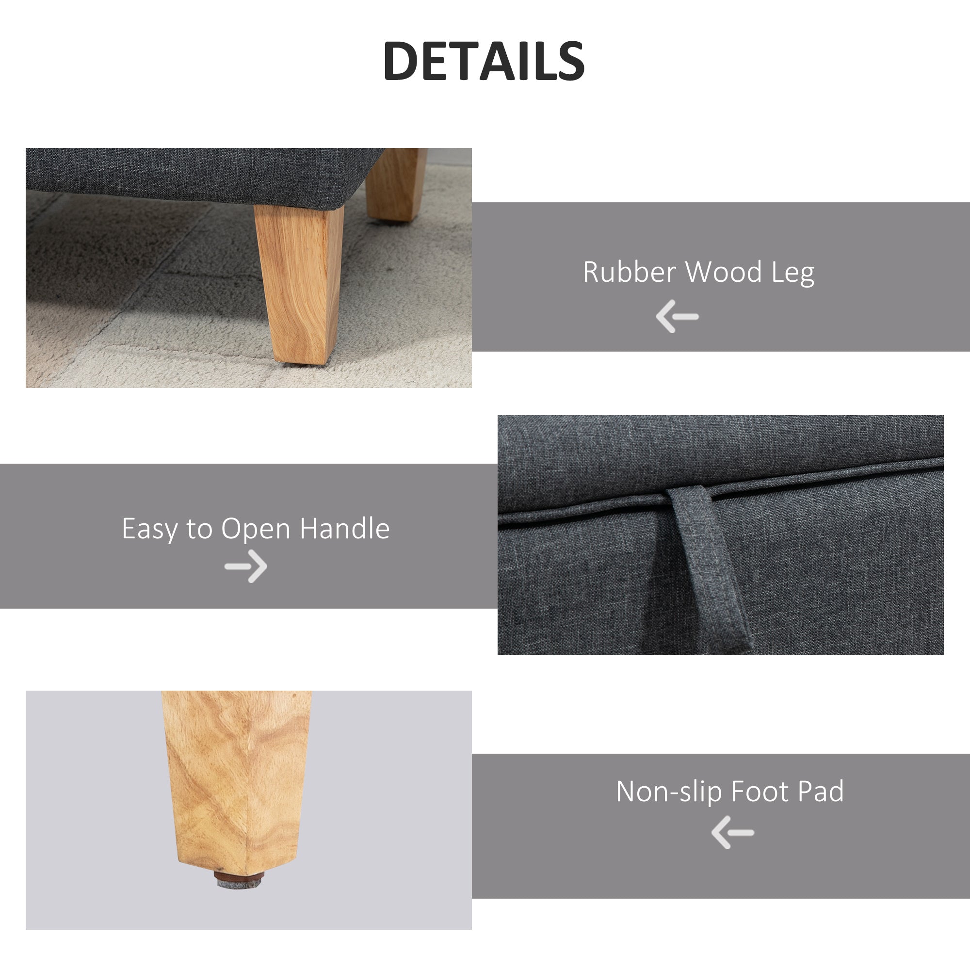 HOMCOM Linen Storage Ottoman Padded Footstool with Rubberwood Legs for Storage Box, Bed End, Shoe Bench, Seating, Dark Grey