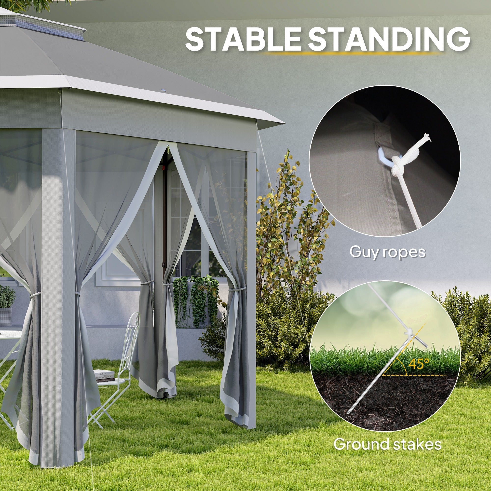 Outsunny 3 x 4m Garden Gazebo Hexagon Pop Up Party Tent Canopy Double Roof Instant Shelter with Netting and Carry Bag for Outdoor Patio, Dark Grey