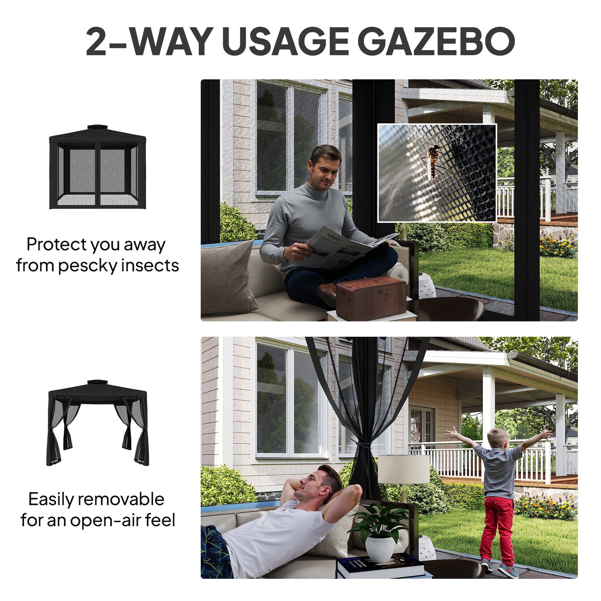 Outsunny 3 x 3 m Metal Gazebo, Garden Pavillion, Double Roof Outdoor Canopy Shelter with Mesh Sidewalls, Black