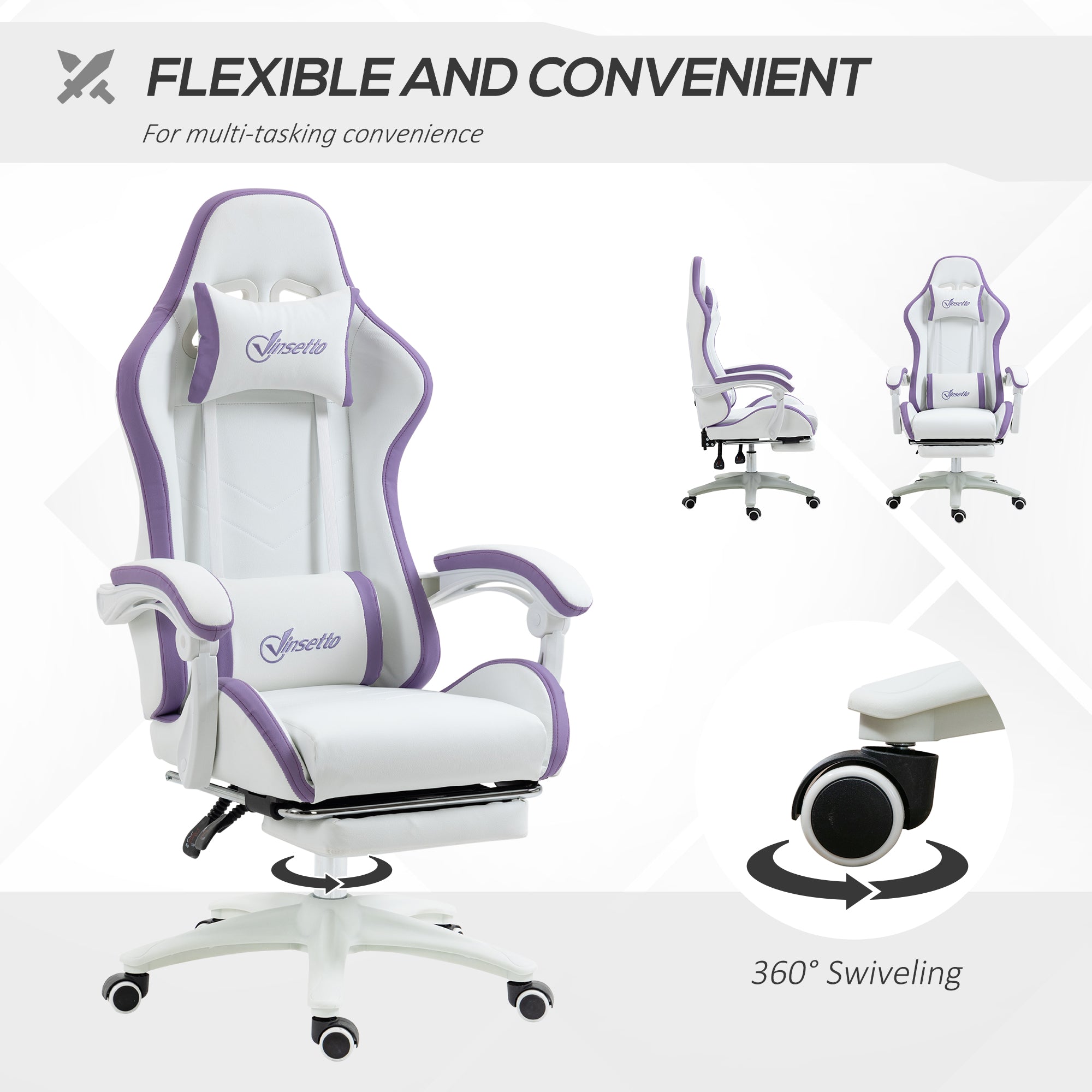 Vinsetto Computer Gaming Chair, PU Leather Desk Chair with Footrest, Swivel Task Chair with 135\'c2\'b0 Reclining Back and Lumbar Support, PC Chair for Adults, White and Purple