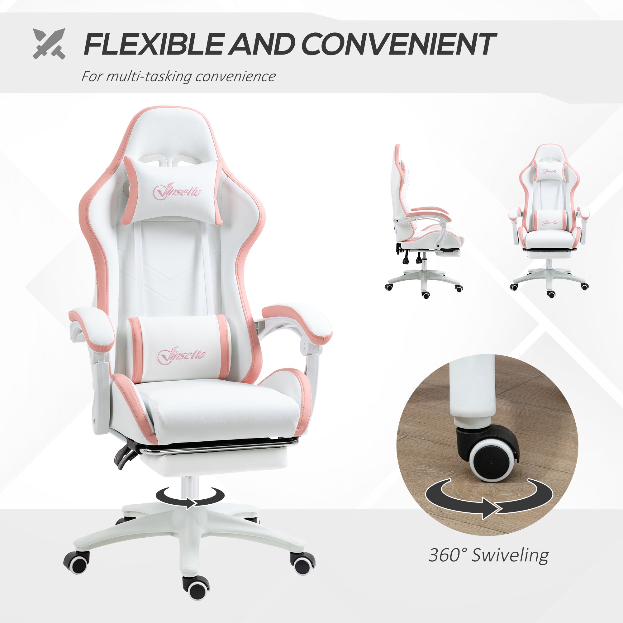 Vinsetto Computer Gaming Chair, PU Leather Desk Chair with Footrest, Swivel Task Chair with 135\'c2\'b0 Reclining Back and Lumbar Support, PC Chair for Adults, White and Pink
