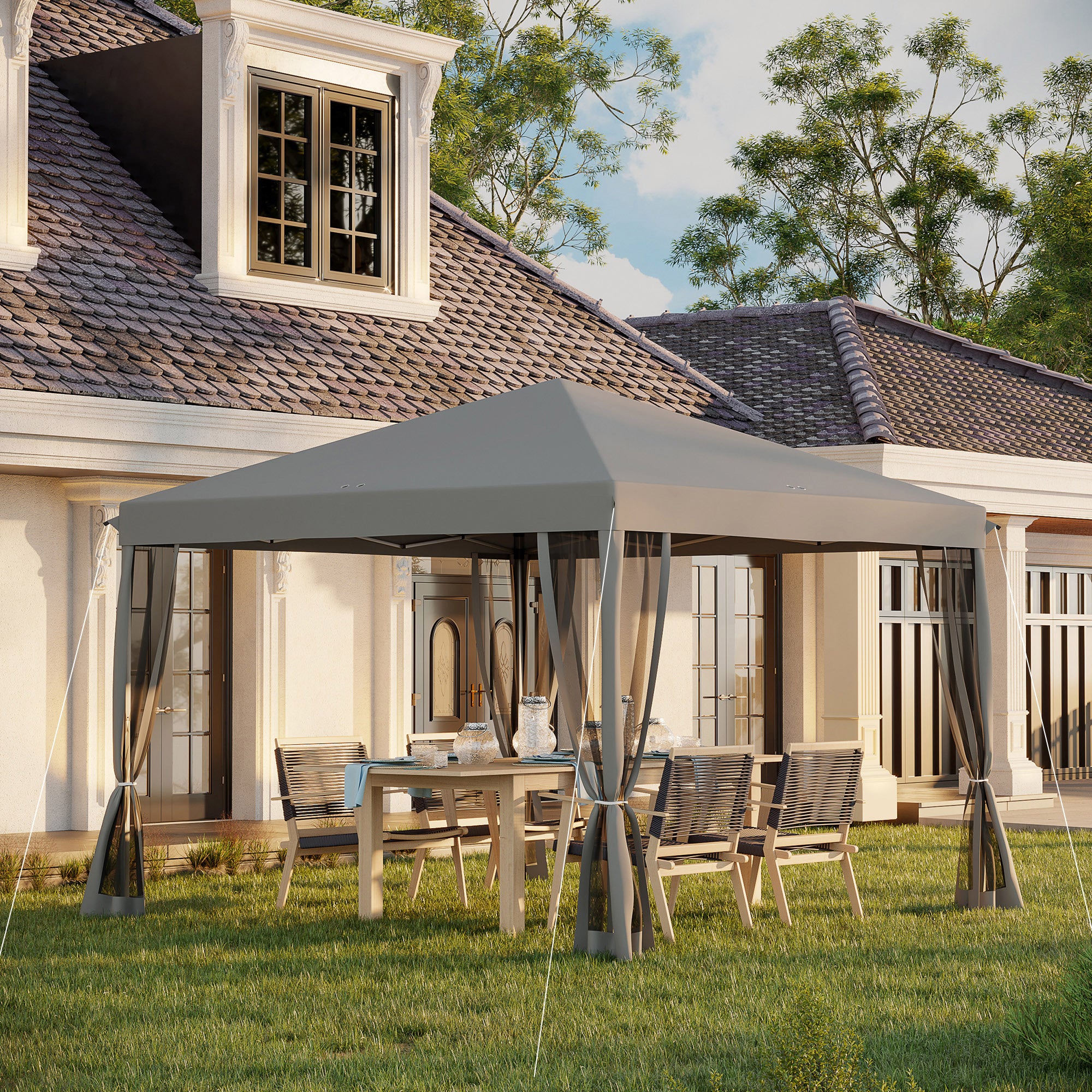 Outsunny 3 x 3\'c2\'a0m Pop Up Gazebo, 420D Garden Tent Canopy with Removable Mesh Sidewall Netting, Carry Bag for Garden Patio Outdoor, Light Grey