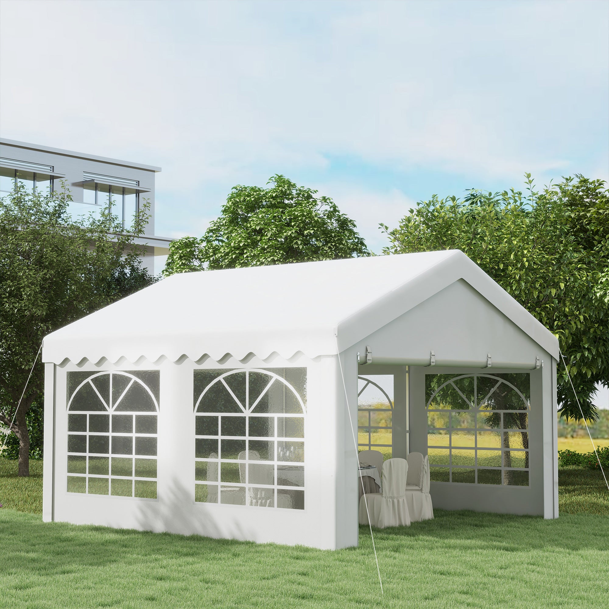 Outsunny 4m x 4m Marquee Party Tent Wedding Canopy, Pop Up Gazebo with Sidewalls, Doors, Windows, Galvanised Garden Gazebo for Parties Events, White