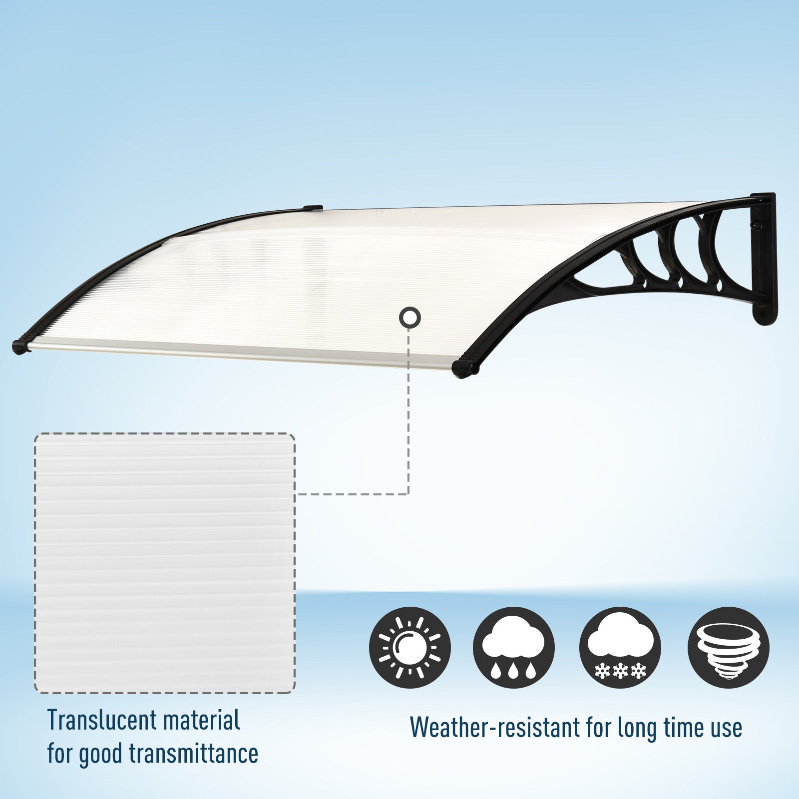 Outsunny Curved Window Door Canopy Aluminium Rigid Plastic Polycarbonate Fixed Outdoor Awning Modern Design UV Water Rain Resist 120 x 75cm White