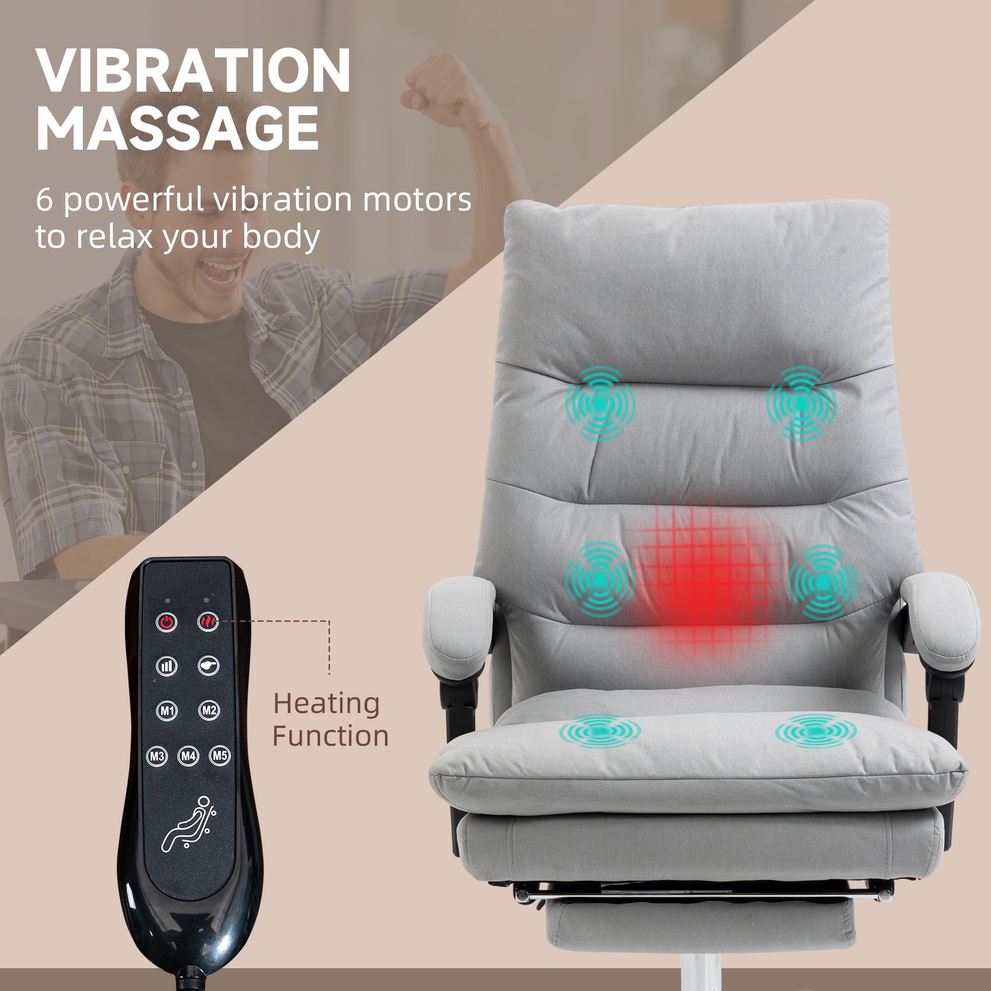 Vinsetto Office Chair, Ergonomic Desk Chair with 6-Point Vibration Massage and Back Heating, Microfibre Computer Gaming Chair with 135\'c2\'b0 Reclining Back and Footrest, Grey