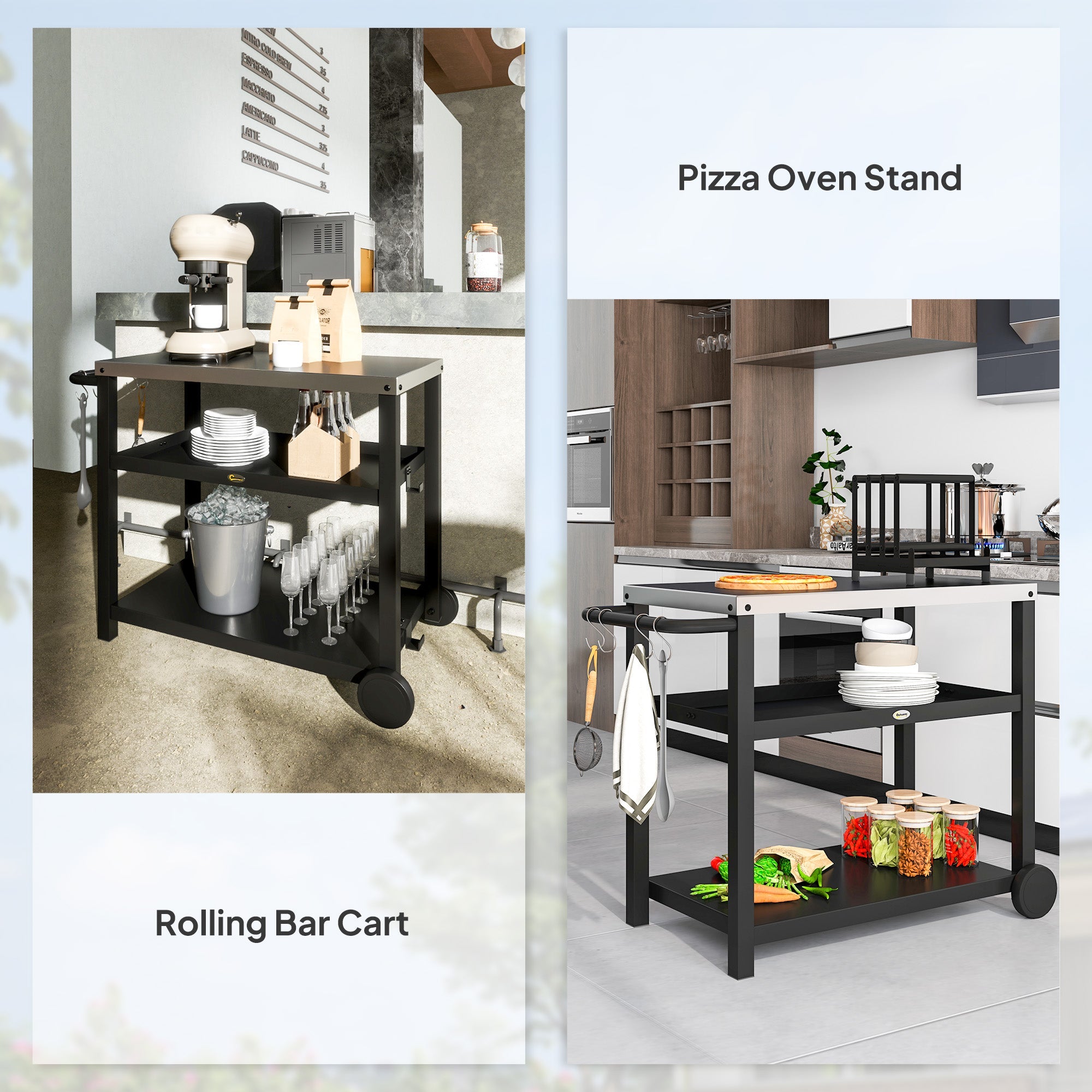 Outsunny Outdoor Grill Dining Cart 3-Shelf Movable Pizza Oven Table Stand with Stainless Steel Top, Portable BBQ Trolley Food Prep Outdoor Kitchen BBQ Station with Hooks Wheels Handle, Charcoal Grey