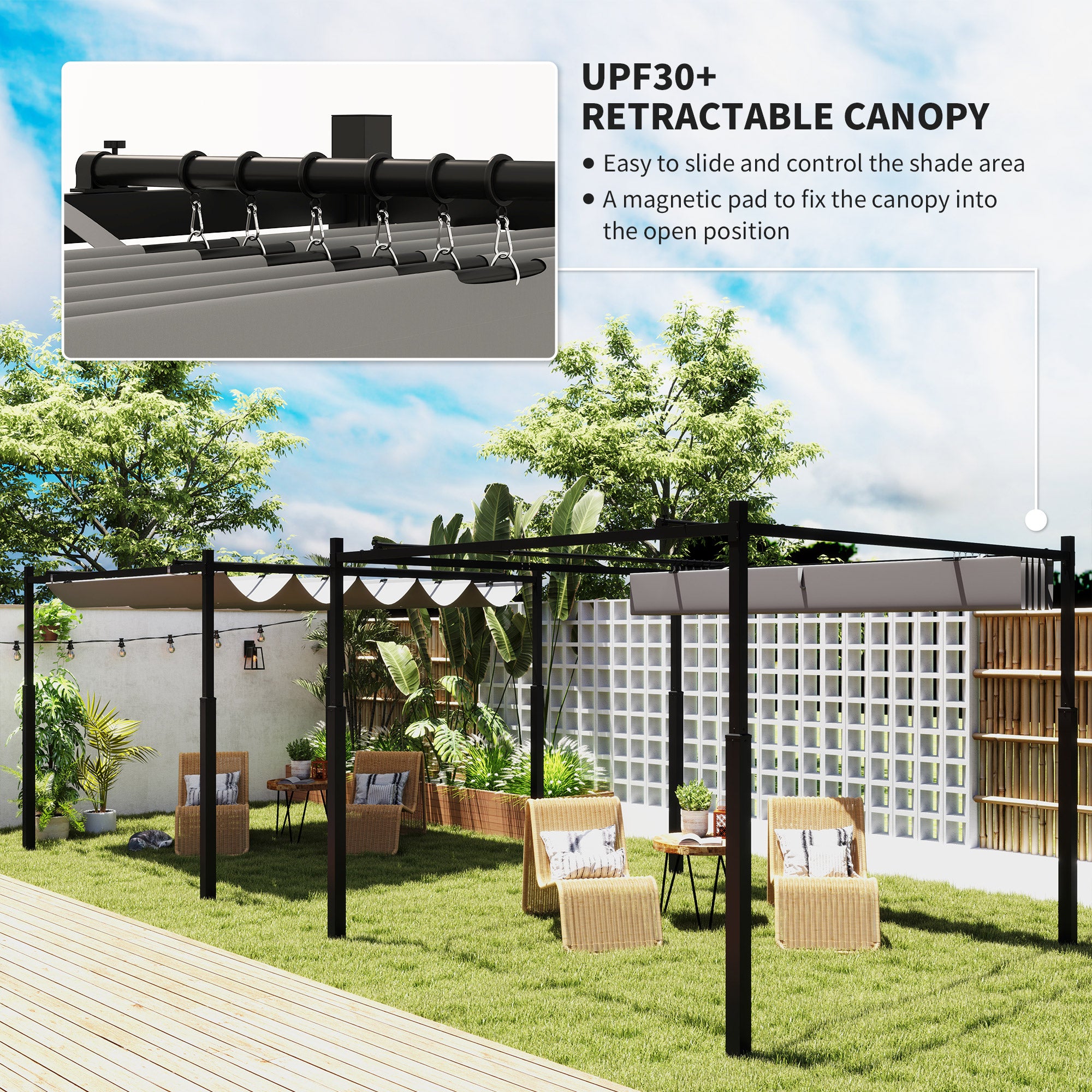 Outsunny 3 x 3(m) Garden Pergola with Retractable Roof and Magnetic Fixture, Outdoor Gazebo Pergola Kit Sun Shade Canopy, UPF30+, 80mm Metal Column, Grey