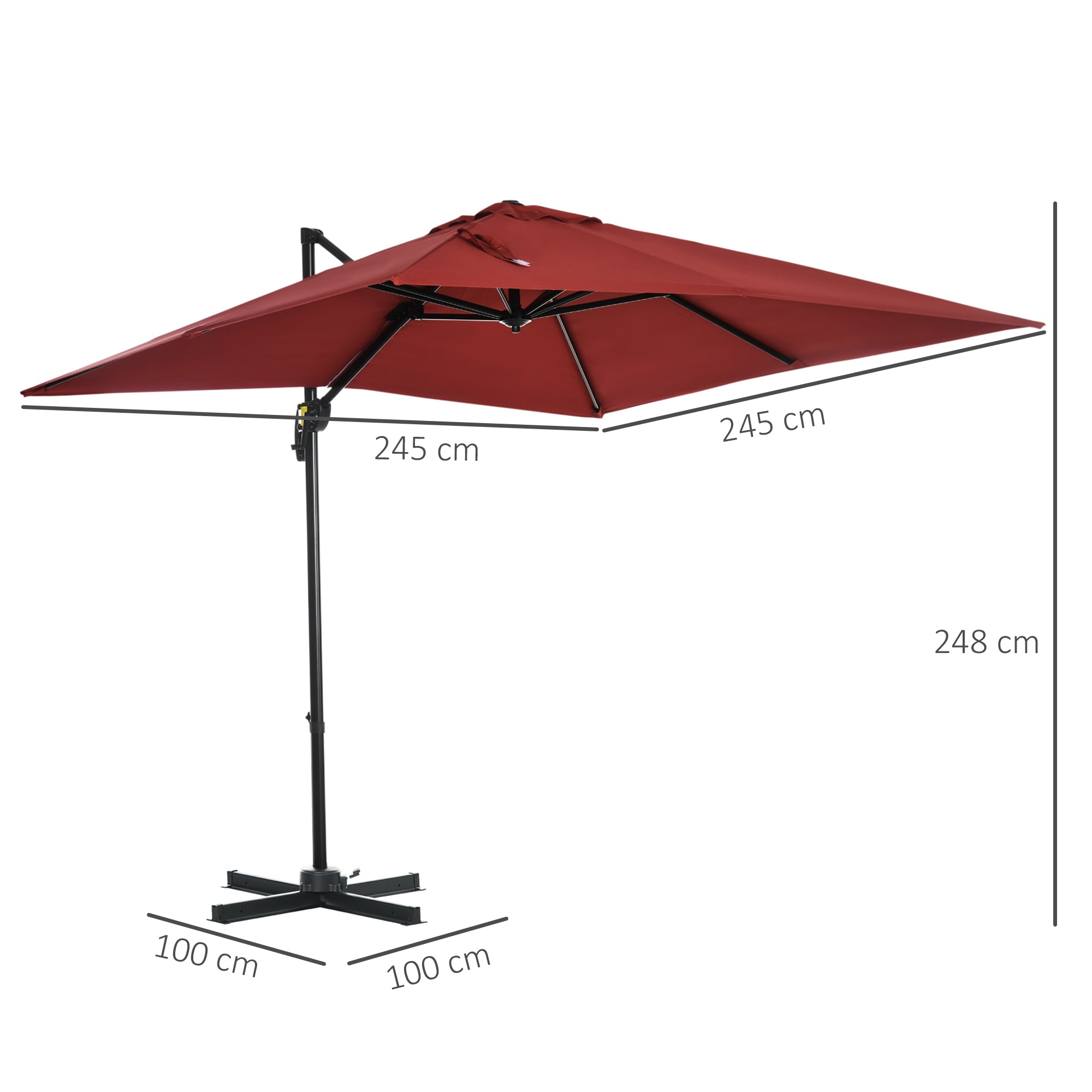 Outsunny 2.5 x 2.5m Patio Offset Parasol Umbrella Cantilever Hanging Aluminium Sun Shade Canopy Shelter 360\'c2\'b0 Rotation with Crank Handle and Cross Base, Wine Red
