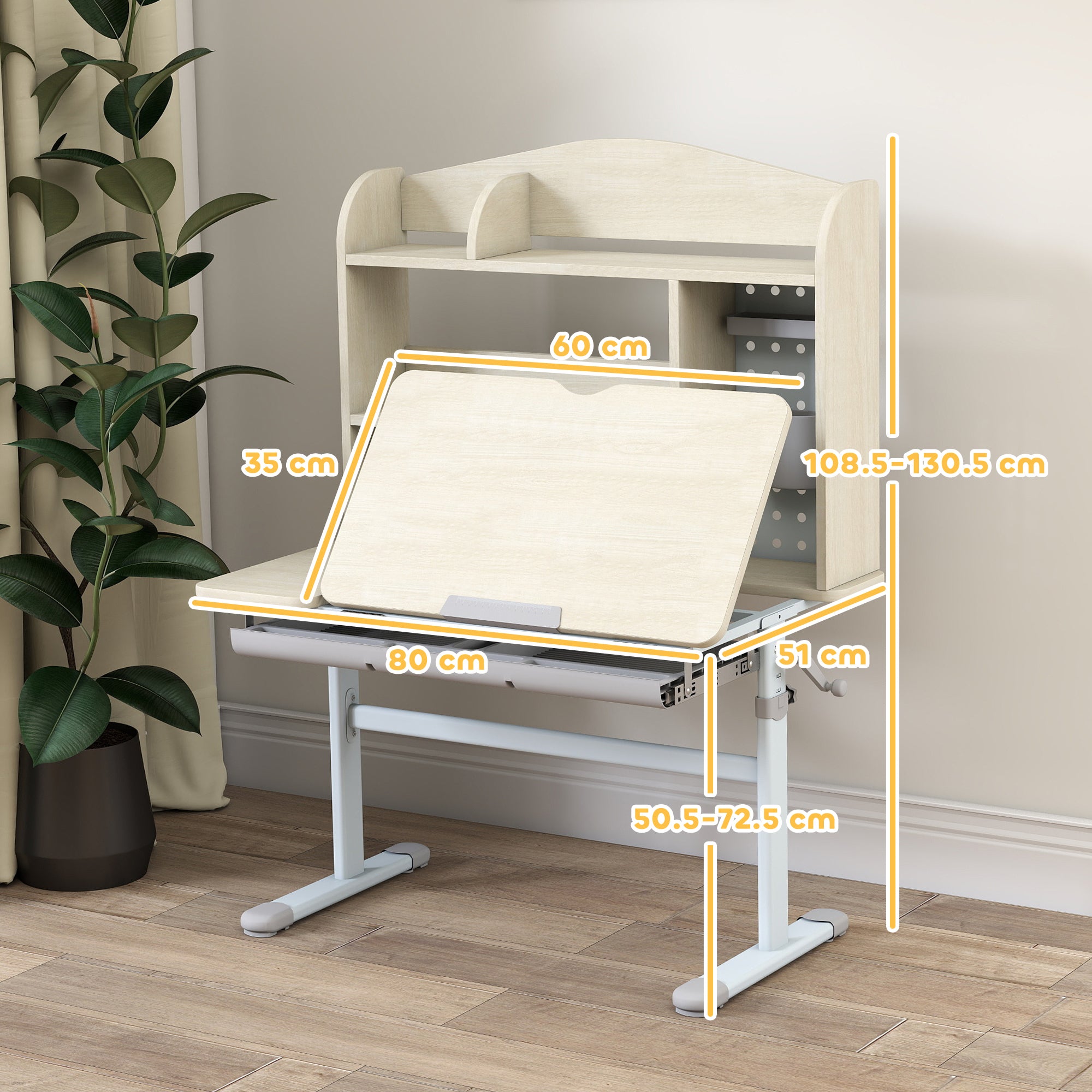 AIYAPLAY Kids Desk Height Adjustable with Tilt-Desktop, Hutch, Drawer, Storage Shelf, Pegboard, for 3-12 Years Old, Natural