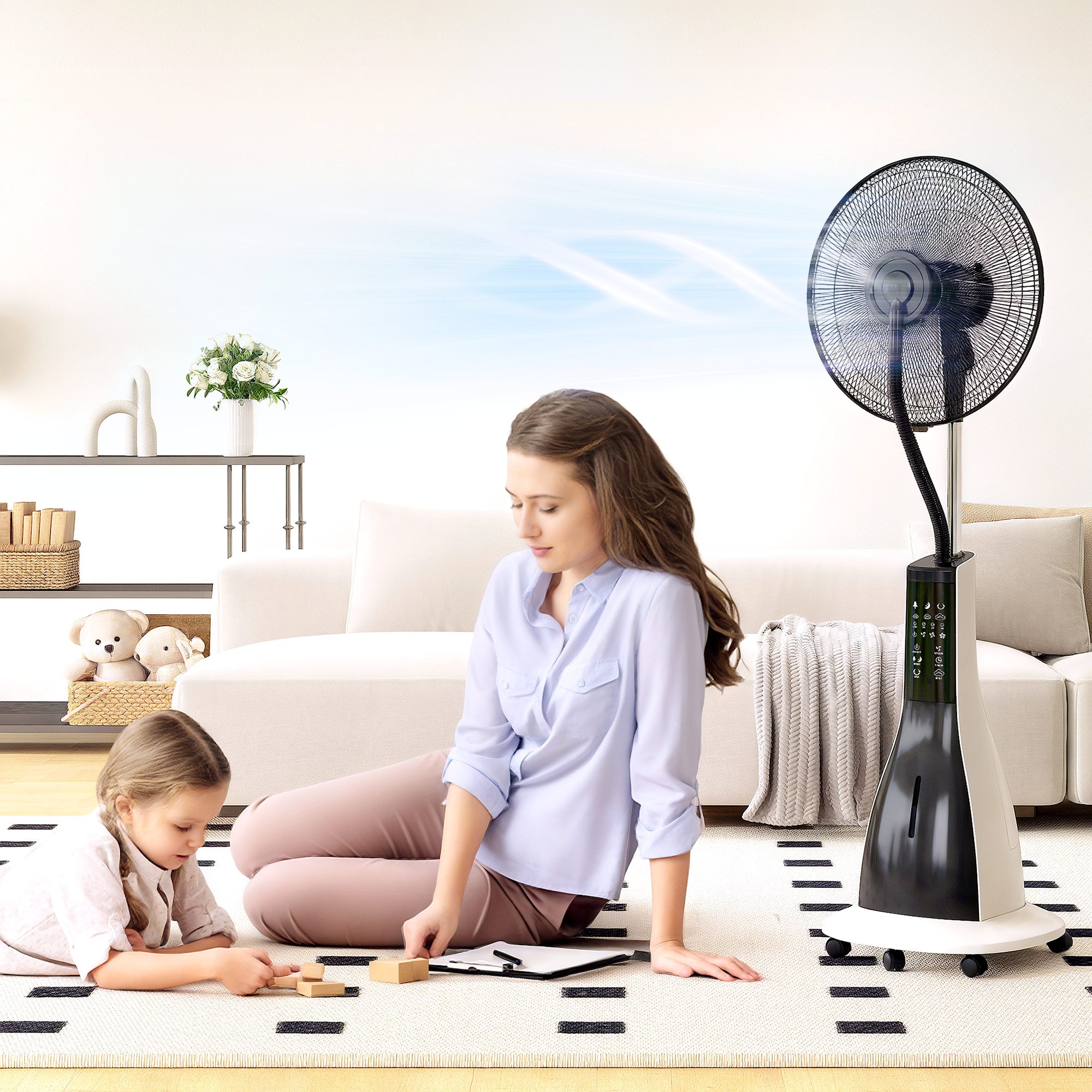 HOMCOM Pedestal Fan with Water Mist Spray, Spray Misting Fan with 75° Oscillation, Tilt Head, 3 Speeds, 3 Modes, 3 Mist, 3L Water Tank, Wheels, for Home, 125 cm