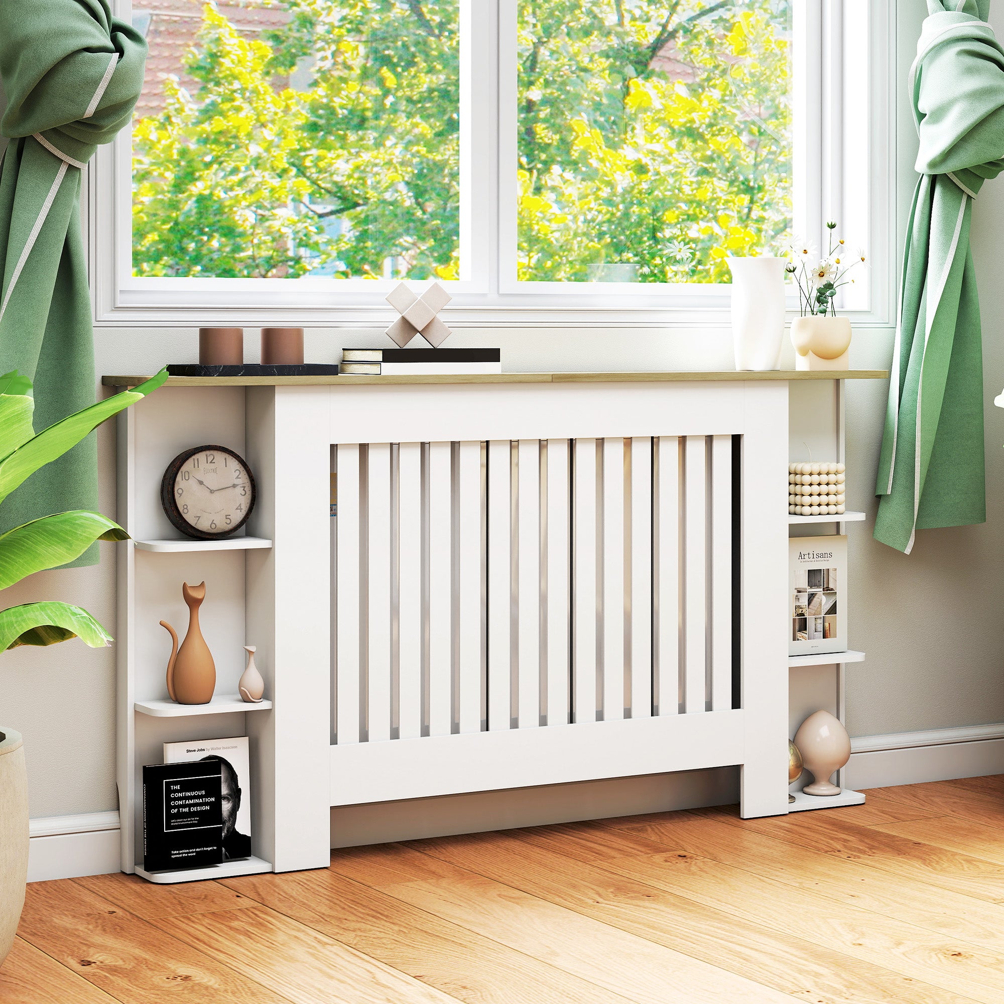 HOMCOM Radiator Cover with Open Storage Shelves, Vertical Slatted Cabinet Shelf Heater Cover for Living Room, Hallway, Large, White