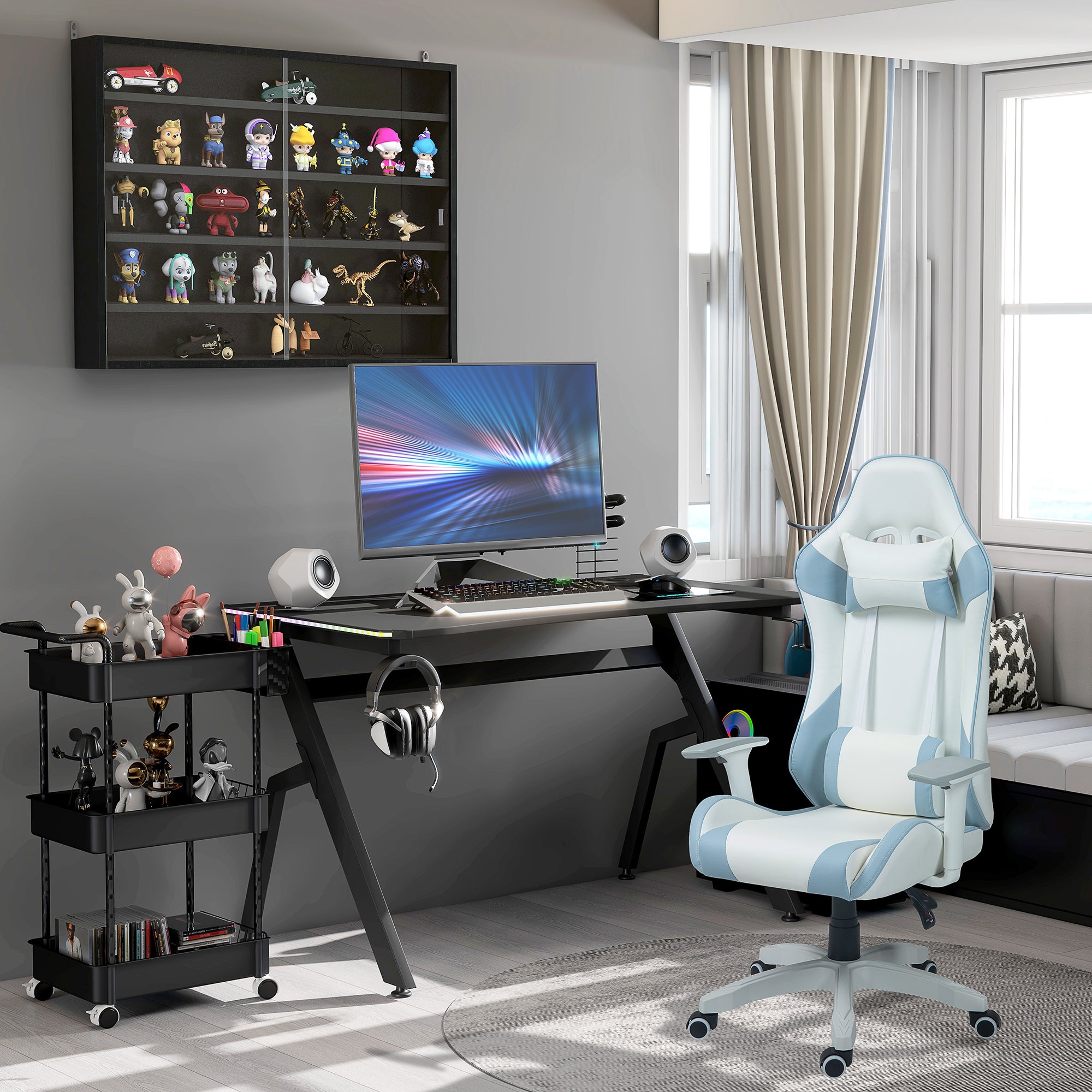 HOMCOM Faux Leather Colour Block Gaming Chair, with 135\'c2\'b0 Reclining Back - Blue/White