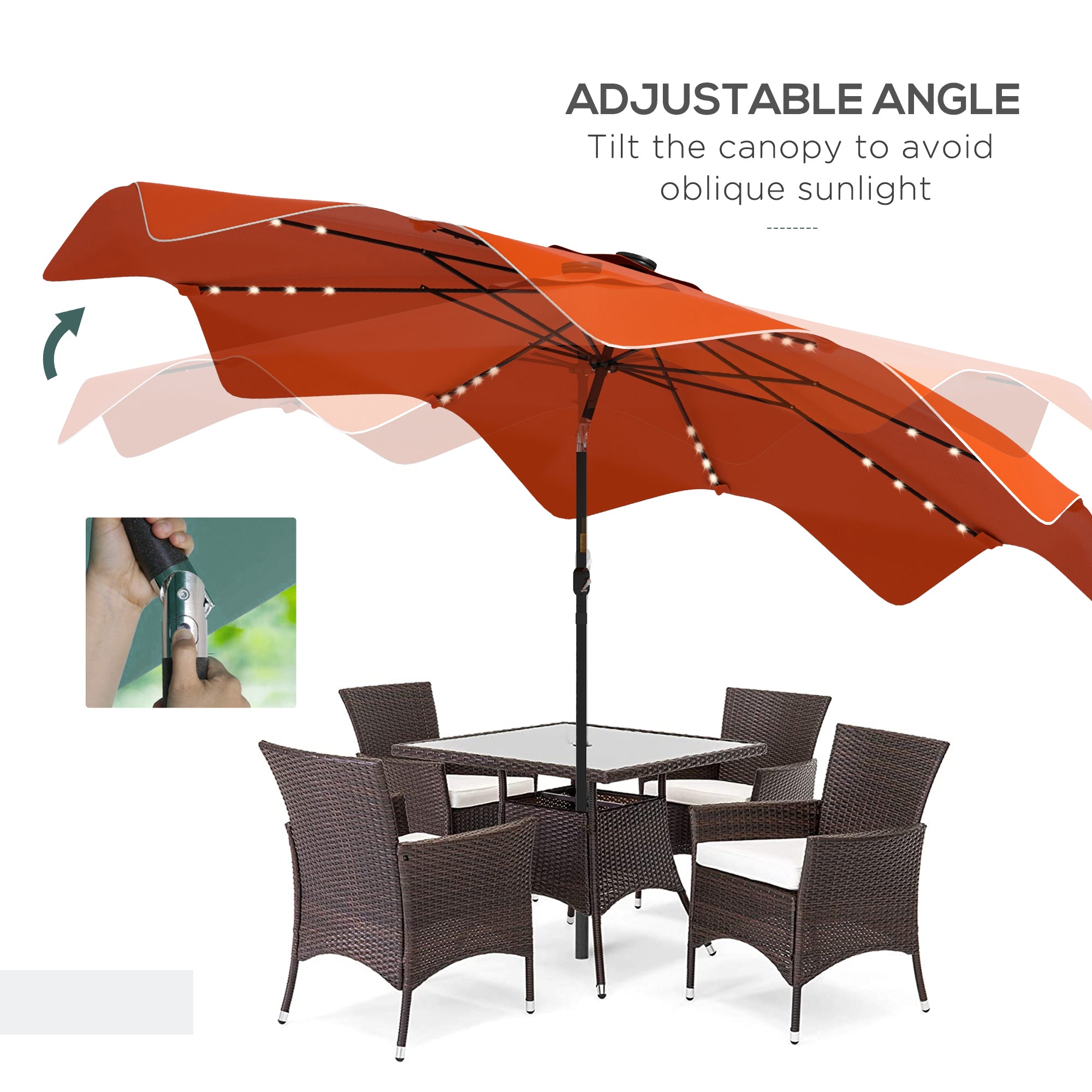 Outsunny Solar Patio Umbrella with LED and Tilt, Outdoor Market Table Umbrella Parasol with Crank, 3 x 3 (m), Orange