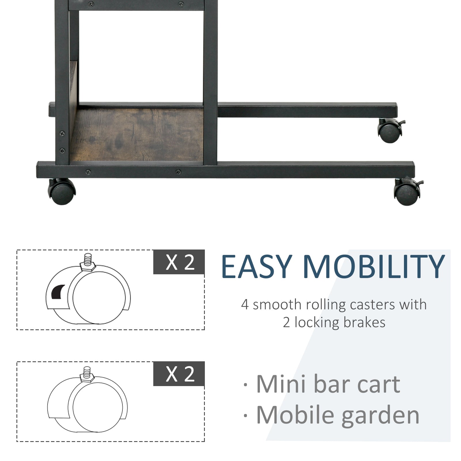 HOMCOM C-Shaped Side Table Industrial Mobile Rolling End Desk with 3-Tier Storage Shelving, Adjustable Height, Wheels