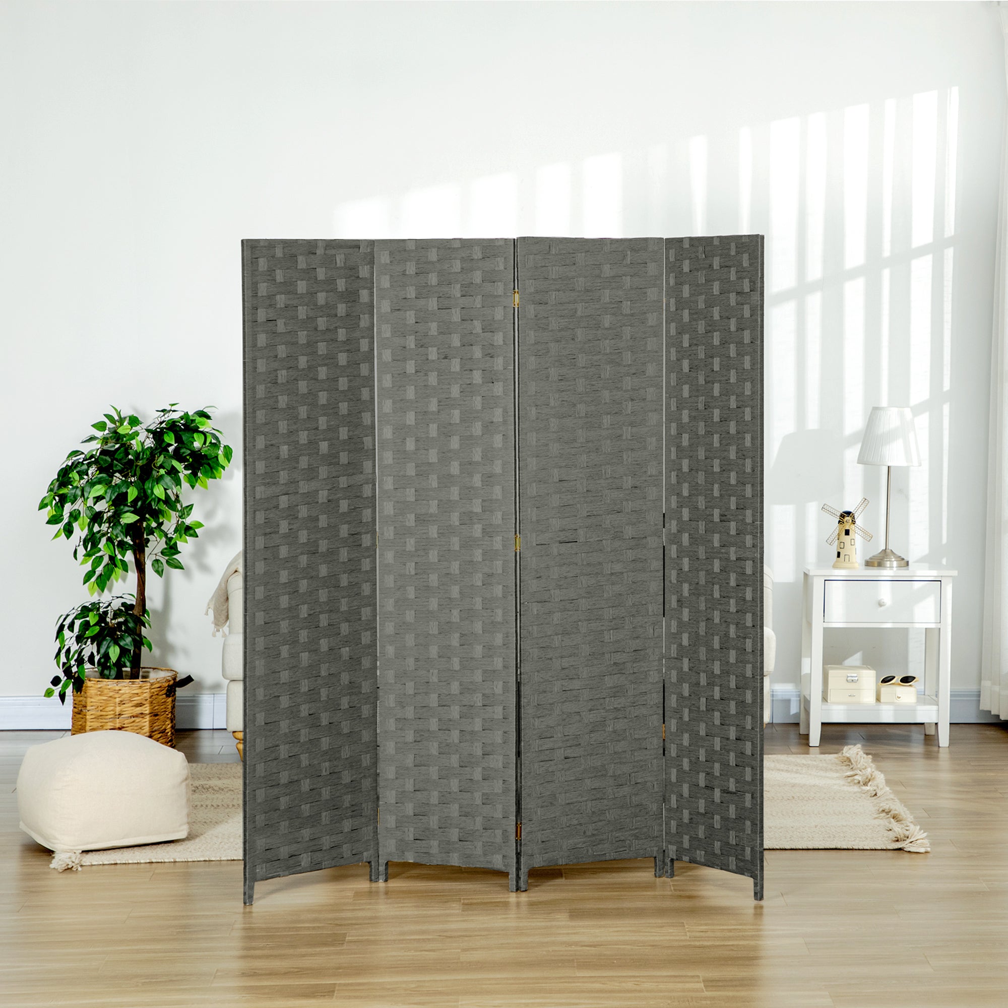 HOMCOM 4-Panel Room Dividers, Wave Fibre Freestanding Folding Privacy Screen Panels, Partition Wall Divider for Indoor Bedroom Office, 170\'c2\'a0cm, Grey